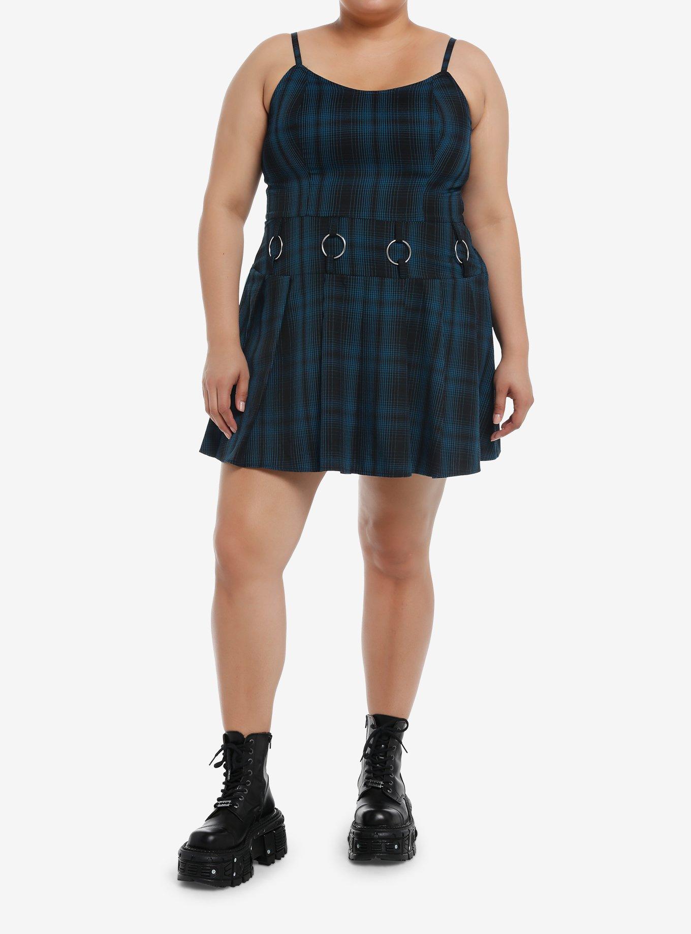 Social Collision Blue Plaid Hardware Dress Plus Size, , hi-res