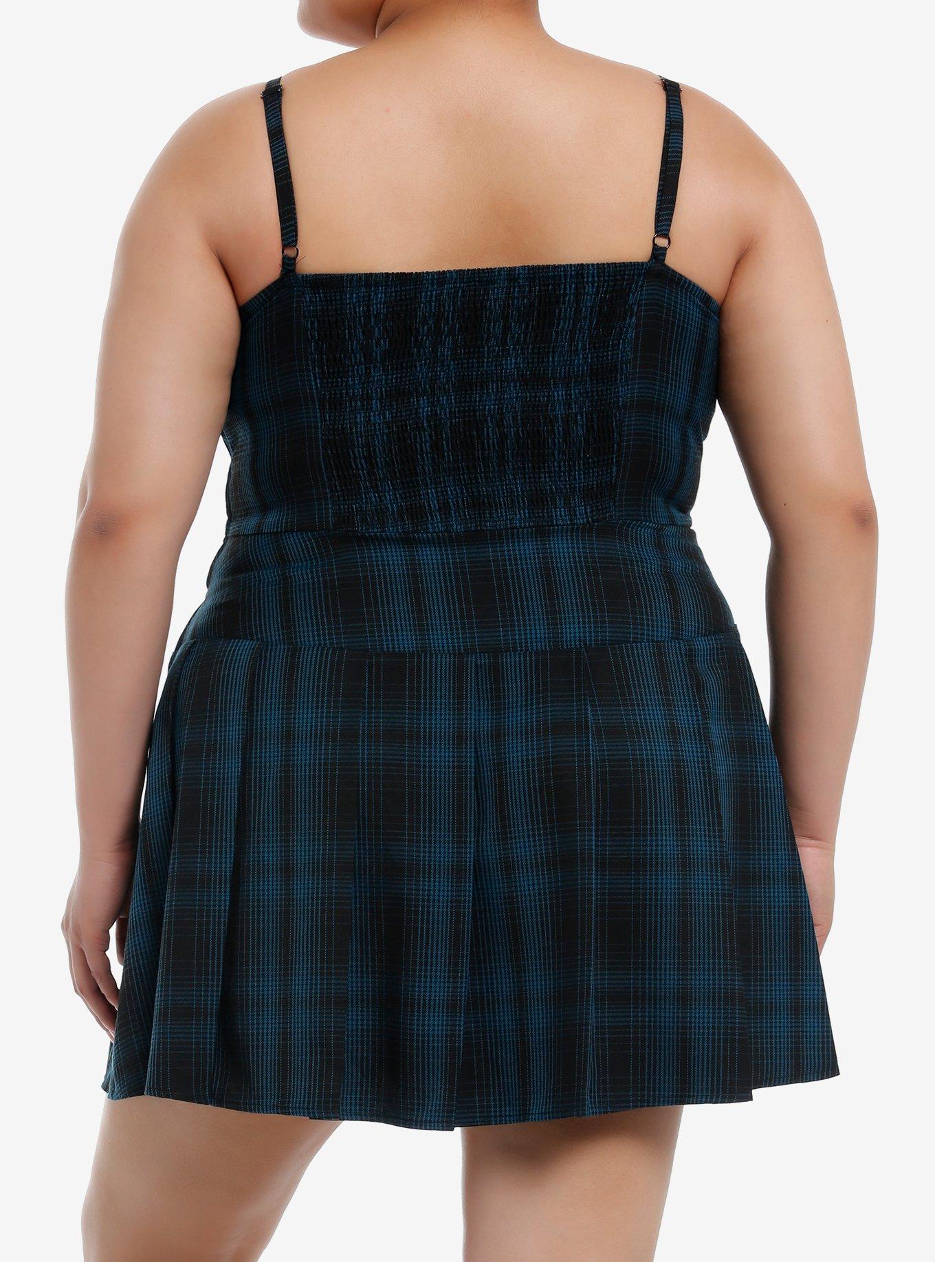 Social Collision Blue Plaid Hardware Dress Plus Size, BLACK, alternate