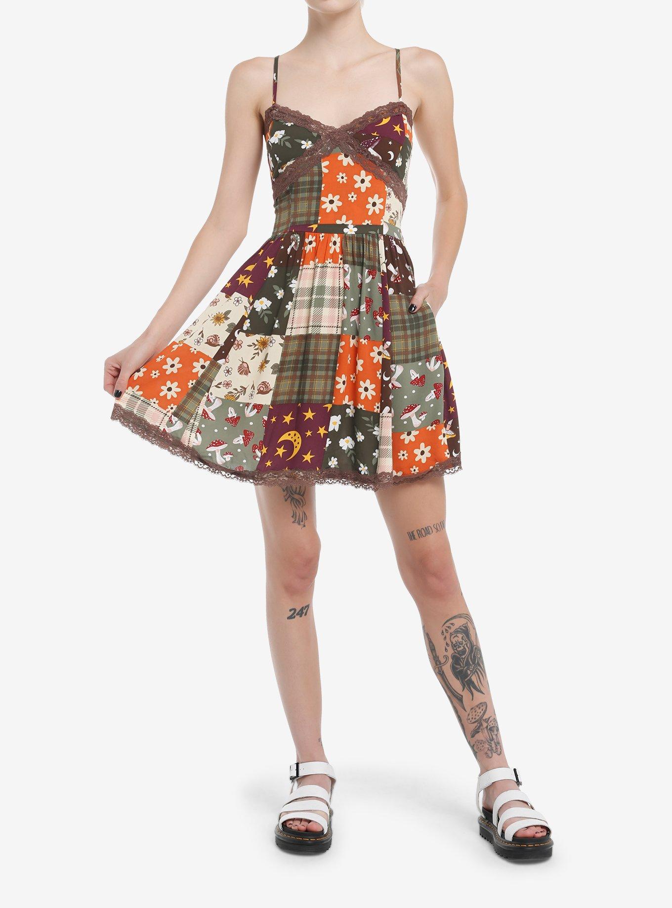 Thorn & Fable Autumn Floral Mushroom Patchwork Dress, , hi-res