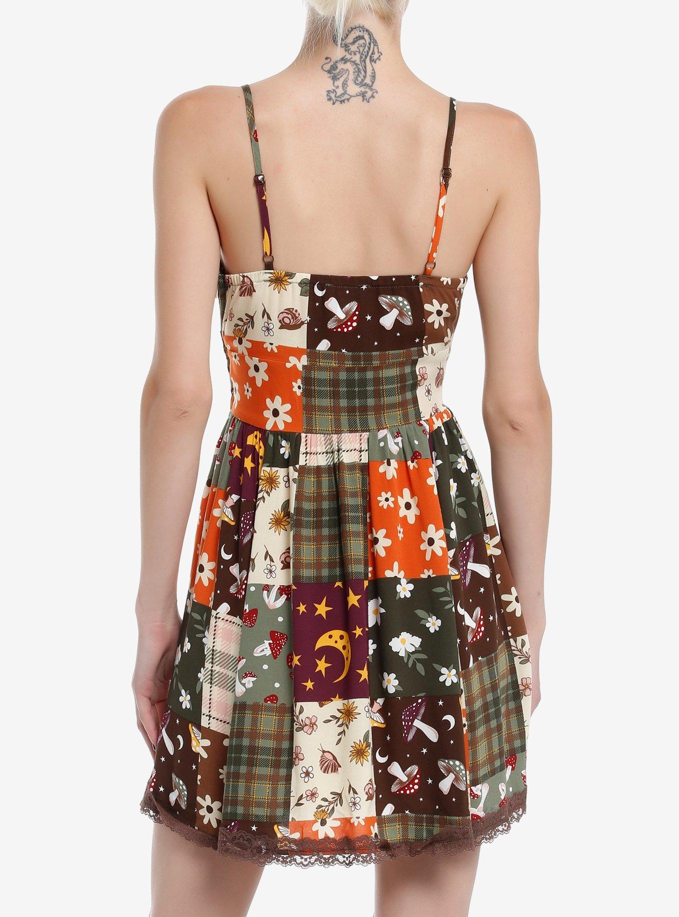 Thorn & Fable Autumn Floral Mushroom Patchwork Dress, ORANGE, alternate