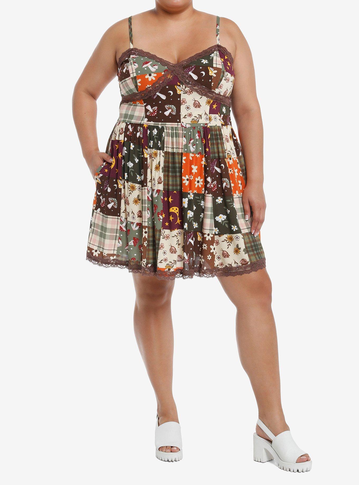 Thorn & Fable Autumn Floral Mushroom Patchwork Dress Plus Size, , hi-res