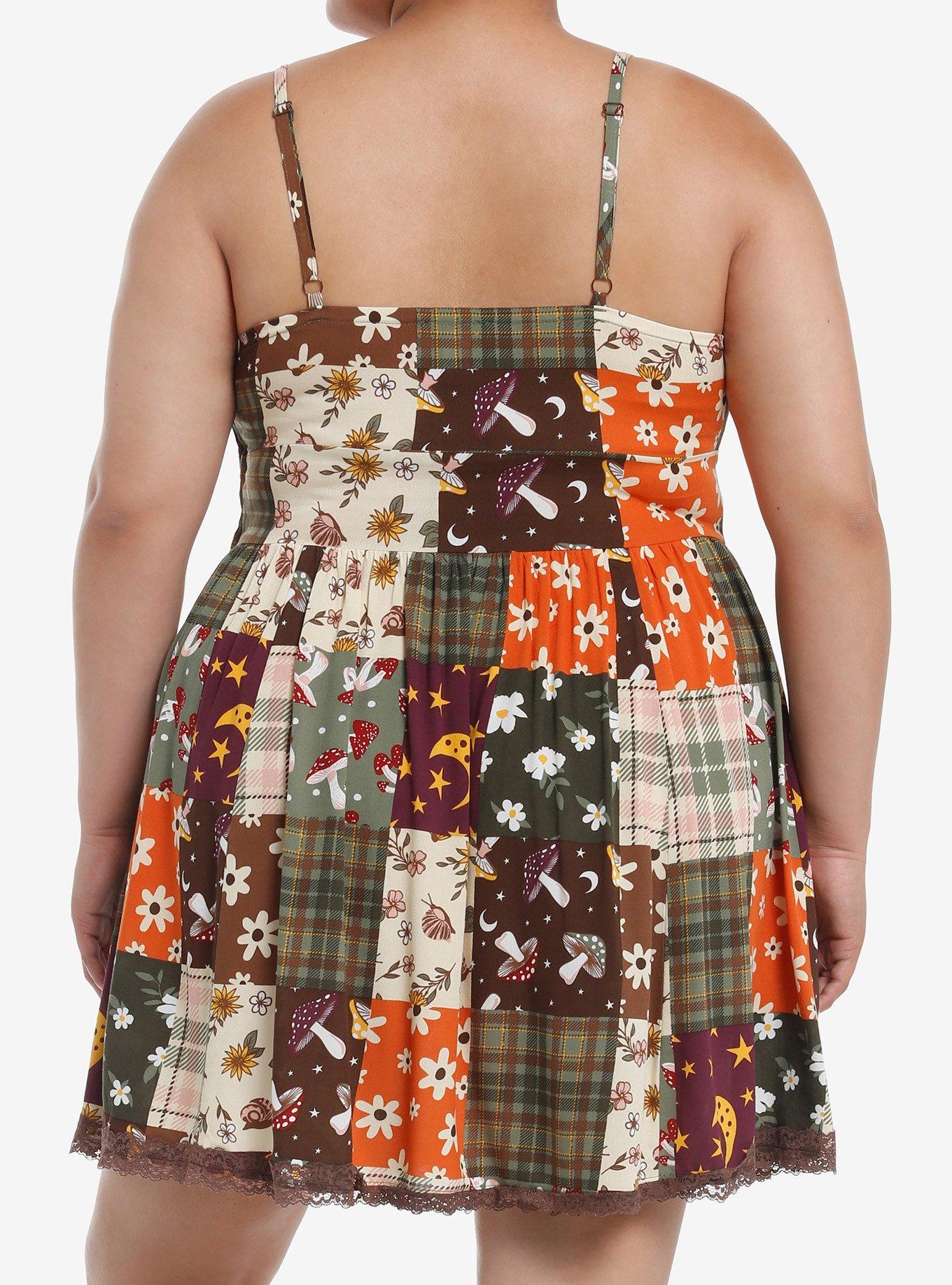 Thorn & Fable Autumn Floral Mushroom Patchwork Dress Plus Size, ORANGE, alternate