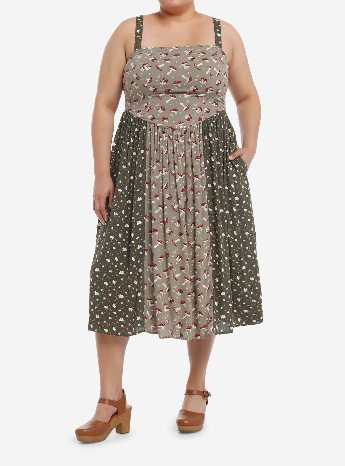 Thorn & Fable Mushroom Green Color-Block Midi Cami Dress Plus Size, , hi-res