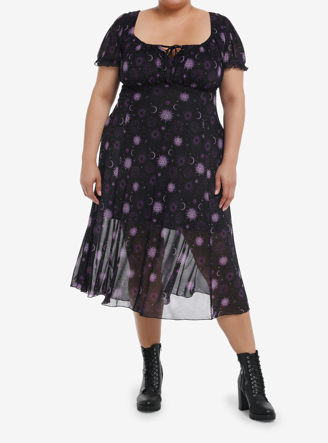 Cosmic Aura Purple Celestial Mesh Midi Dress Plus Size, BLACK, alternate