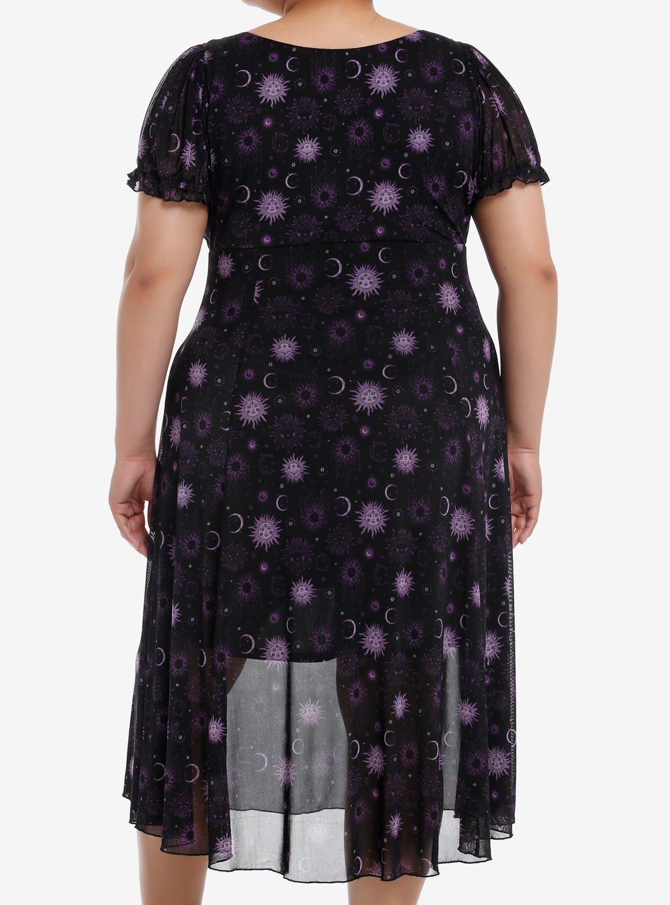 Cosmic Aura Purple Celestial Mesh Midi Dress Plus Size, BLACK, alternate