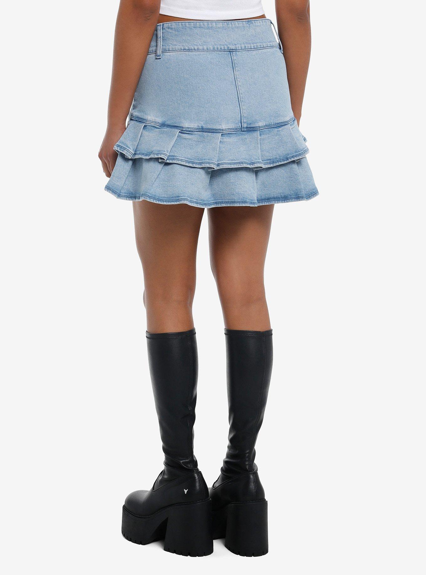 Social Collision Denim Pleated Skirt With Charm, , hi-res