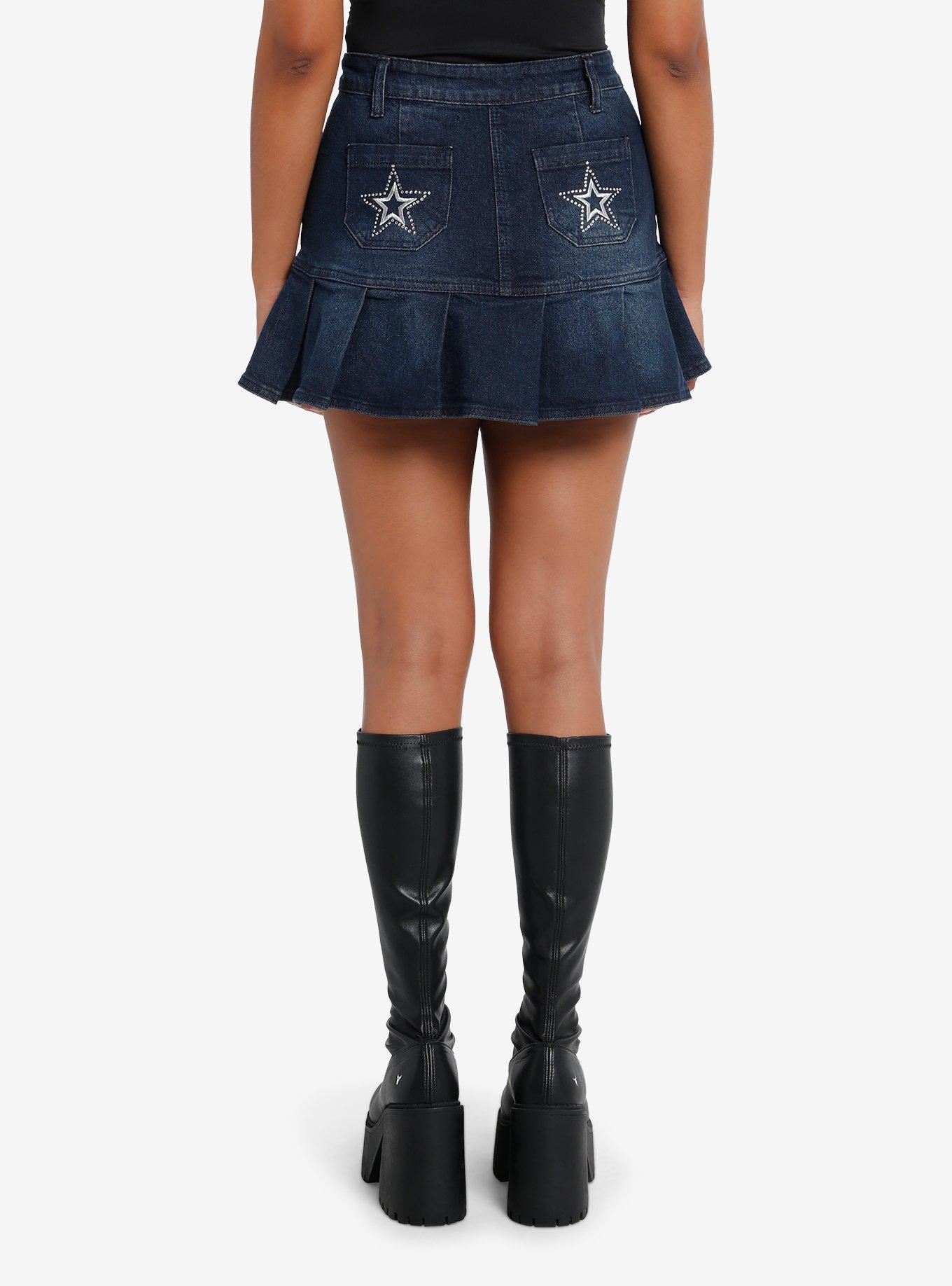 Social Collision Star Bling Dark Denim Pleated Mini Skirt, , hi-res