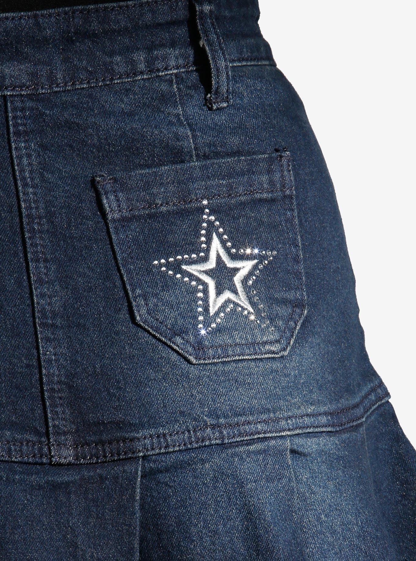 Social Collision Star Bling Dark Denim Pleated Mini Skirt, BROWN, alternate