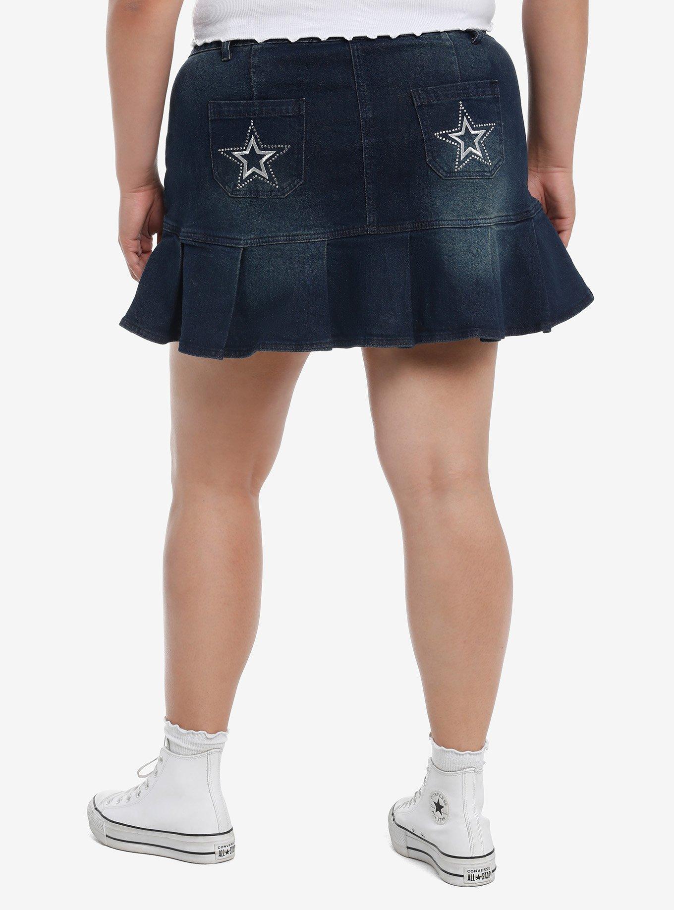 Social Collision Star Bling Dark Denim Pleated Mini Skirt Plus Size, , hi-res