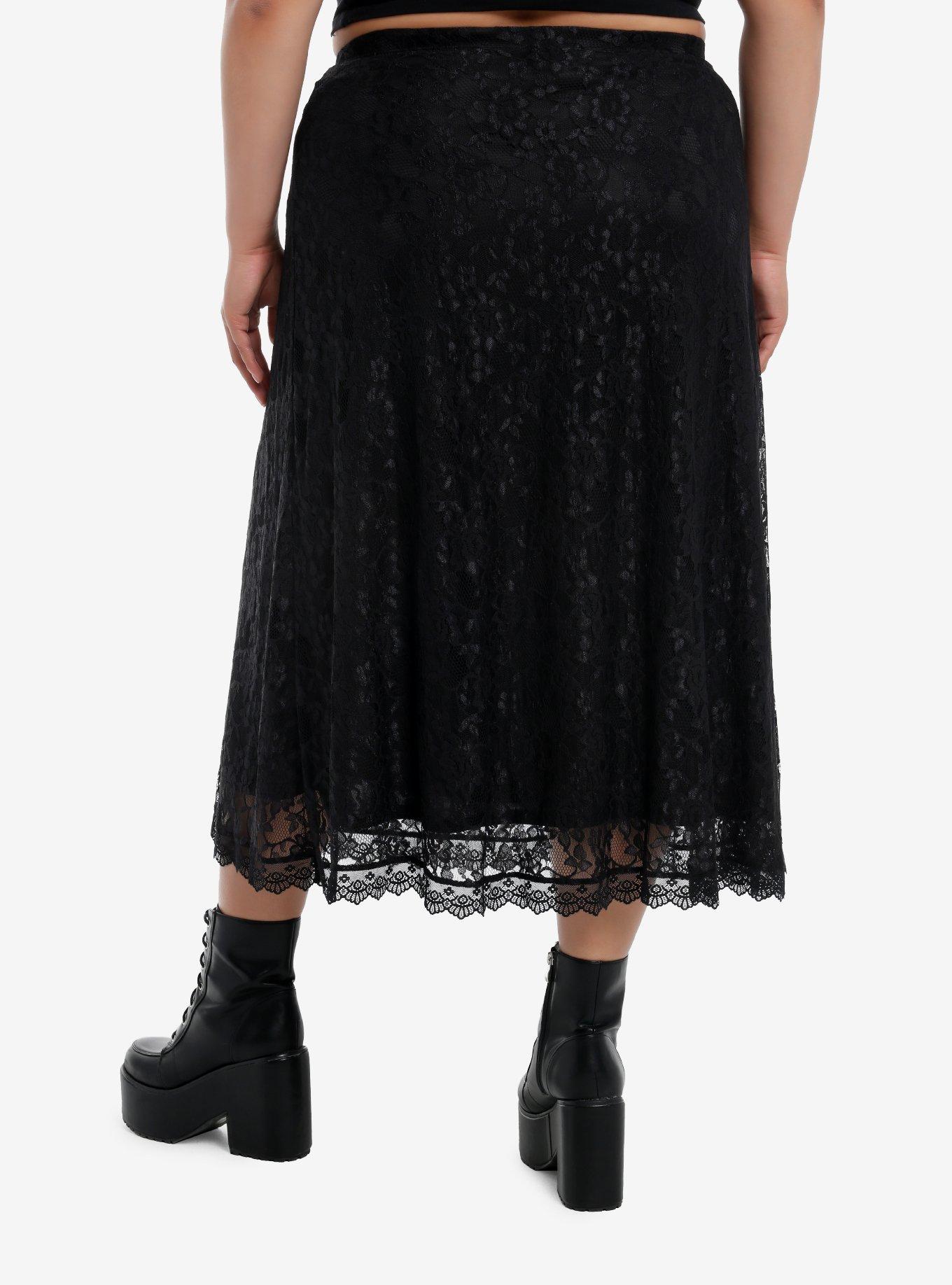 Cosmic Aura Black Floral Lace Midi Skirt Plus Size, BLACK, alternate