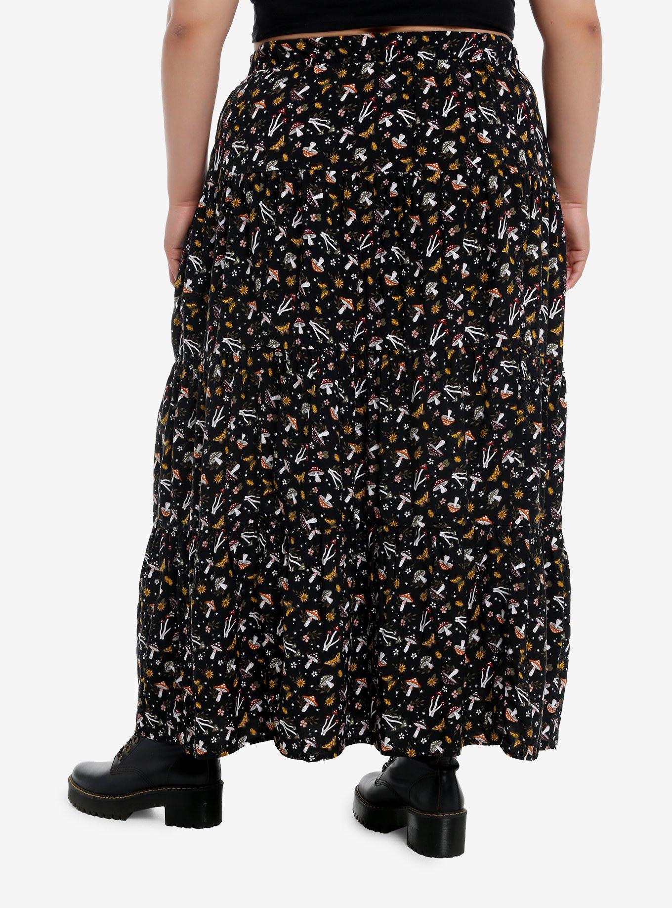 Thorn & Fable Mushroom Floral Tiered Maxi Skirt Plus Size, , hi-res