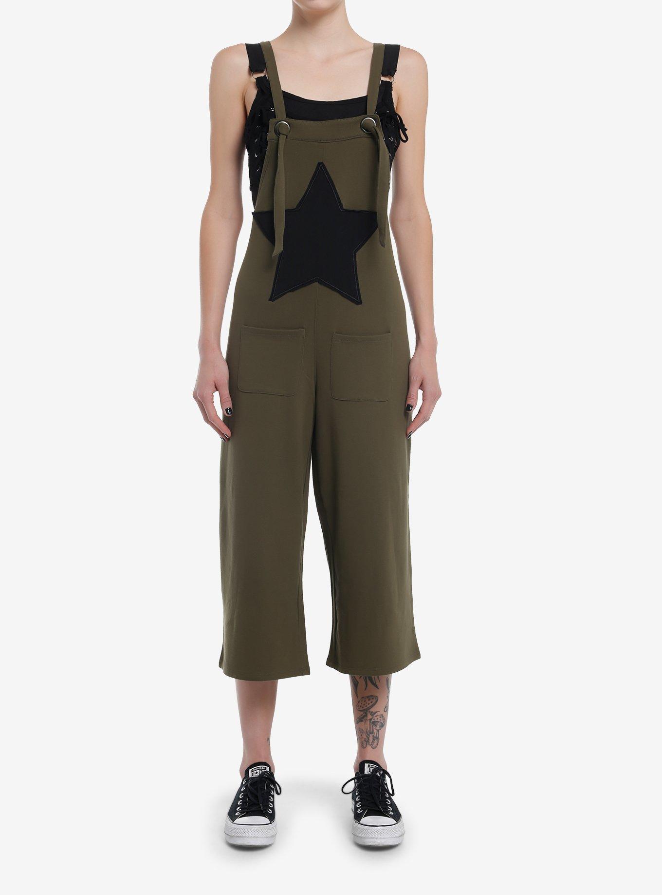Social Collison Green & Black Star Patch Overalls, BLACK, alternate