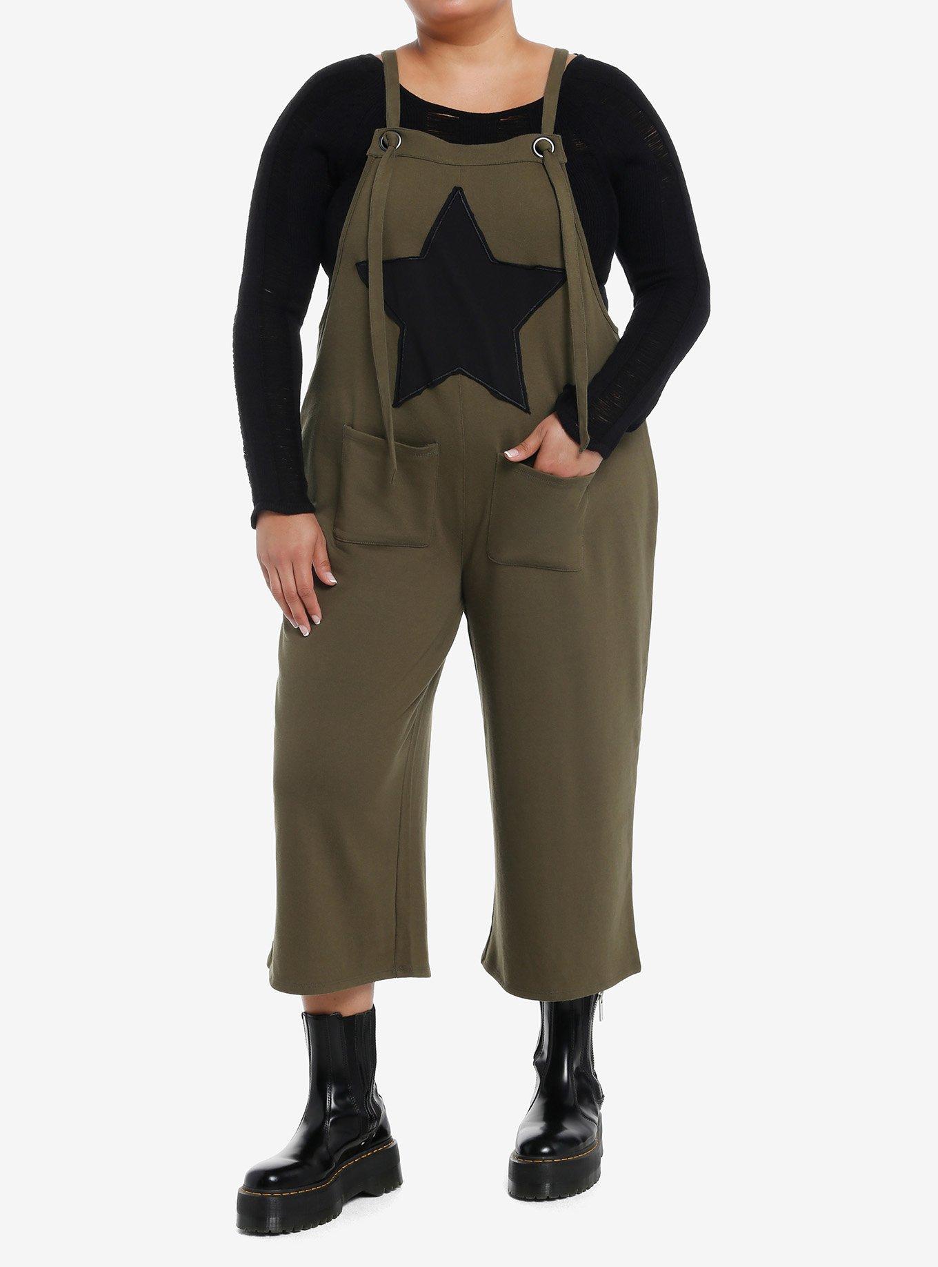 Social Collison Green & Black Star Patch Overalls Plus Size, , hi-res