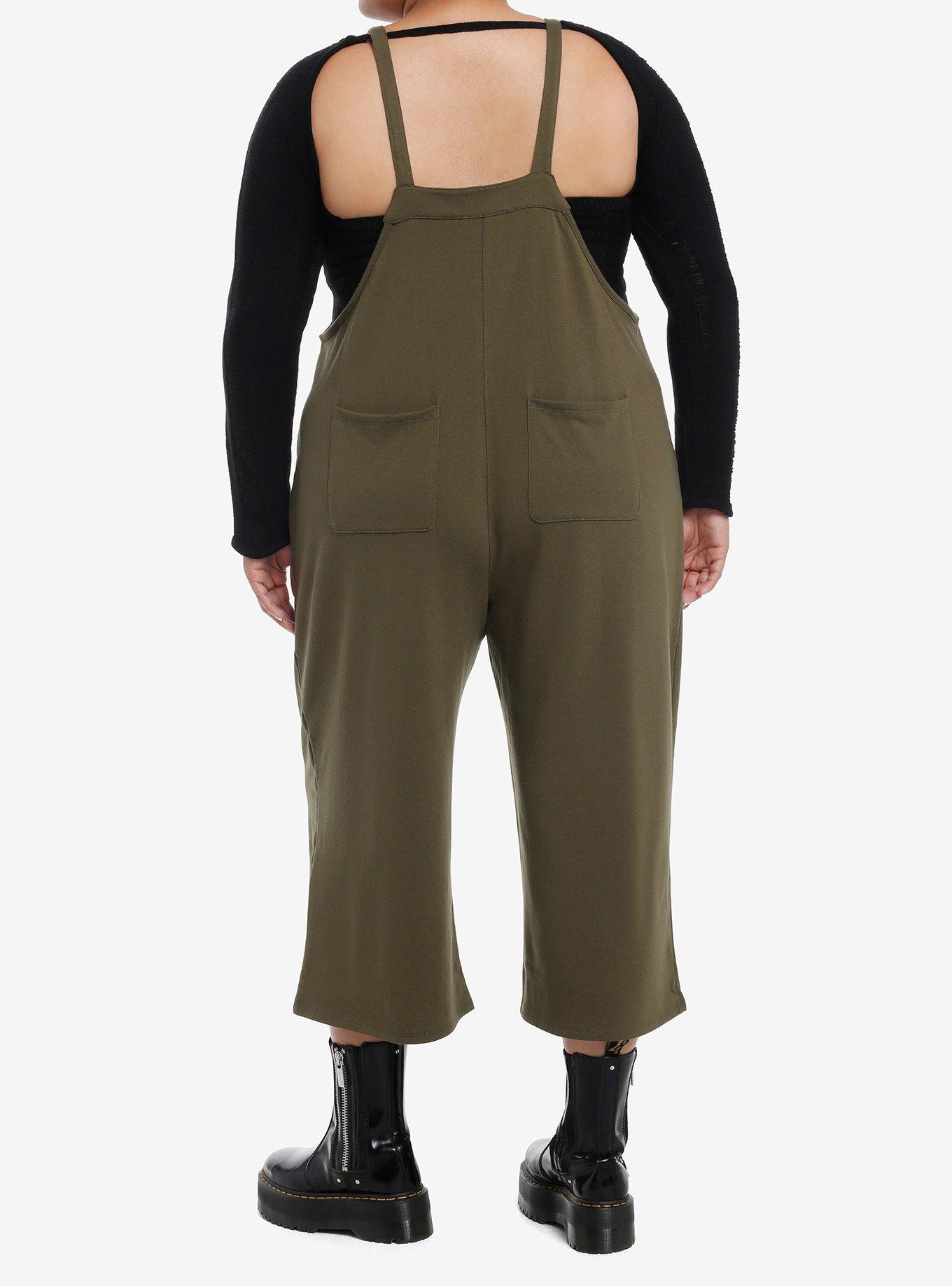 Social Collison Green & Black Star Patch Overalls Plus Size, BLACK, alternate