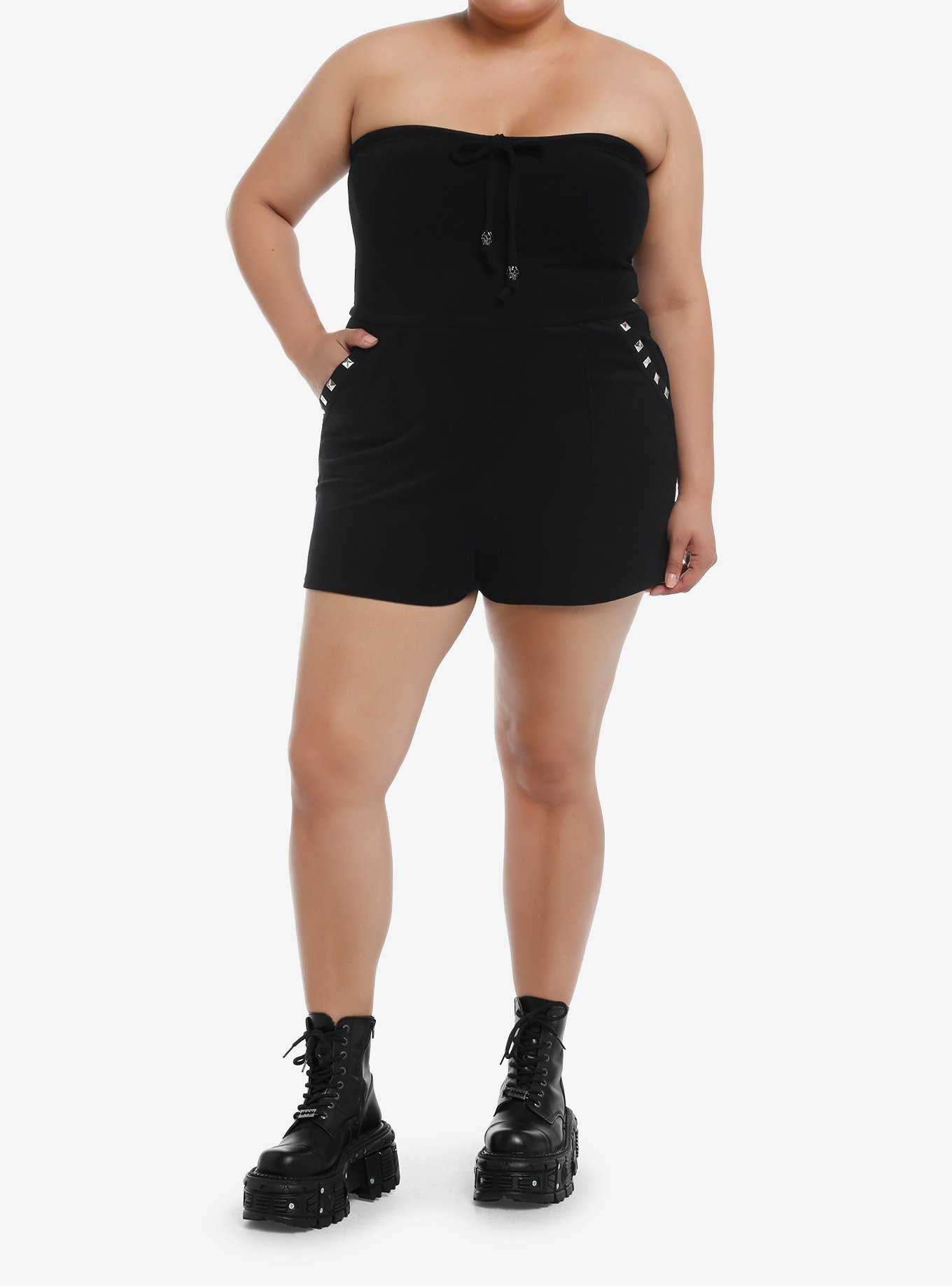 Black Stud Strapless Girls Romper Plus Size, , hi-res