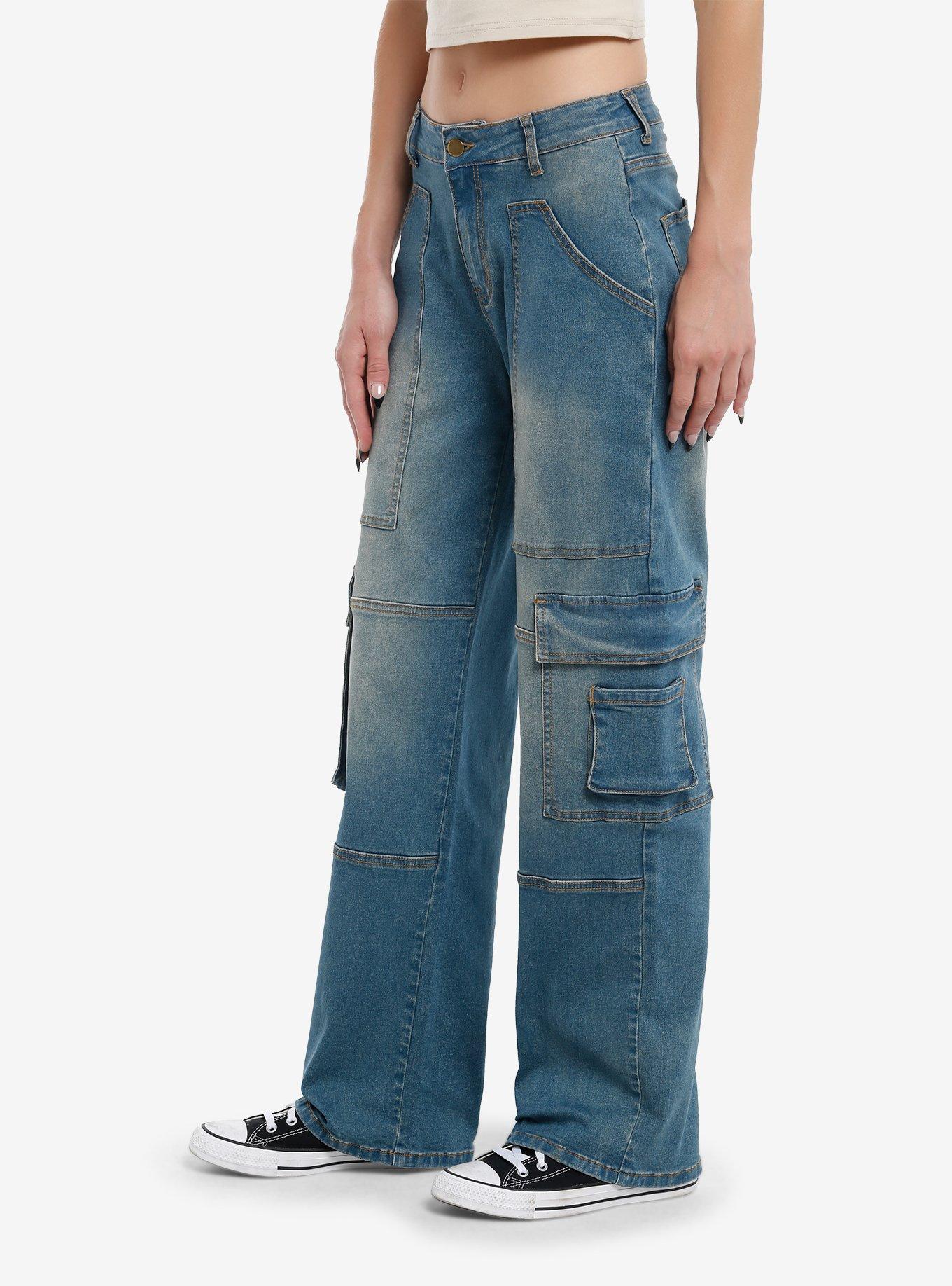 Blue Indigo Cargo Wide Leg Jeans Extended Size, BLUE, alternate