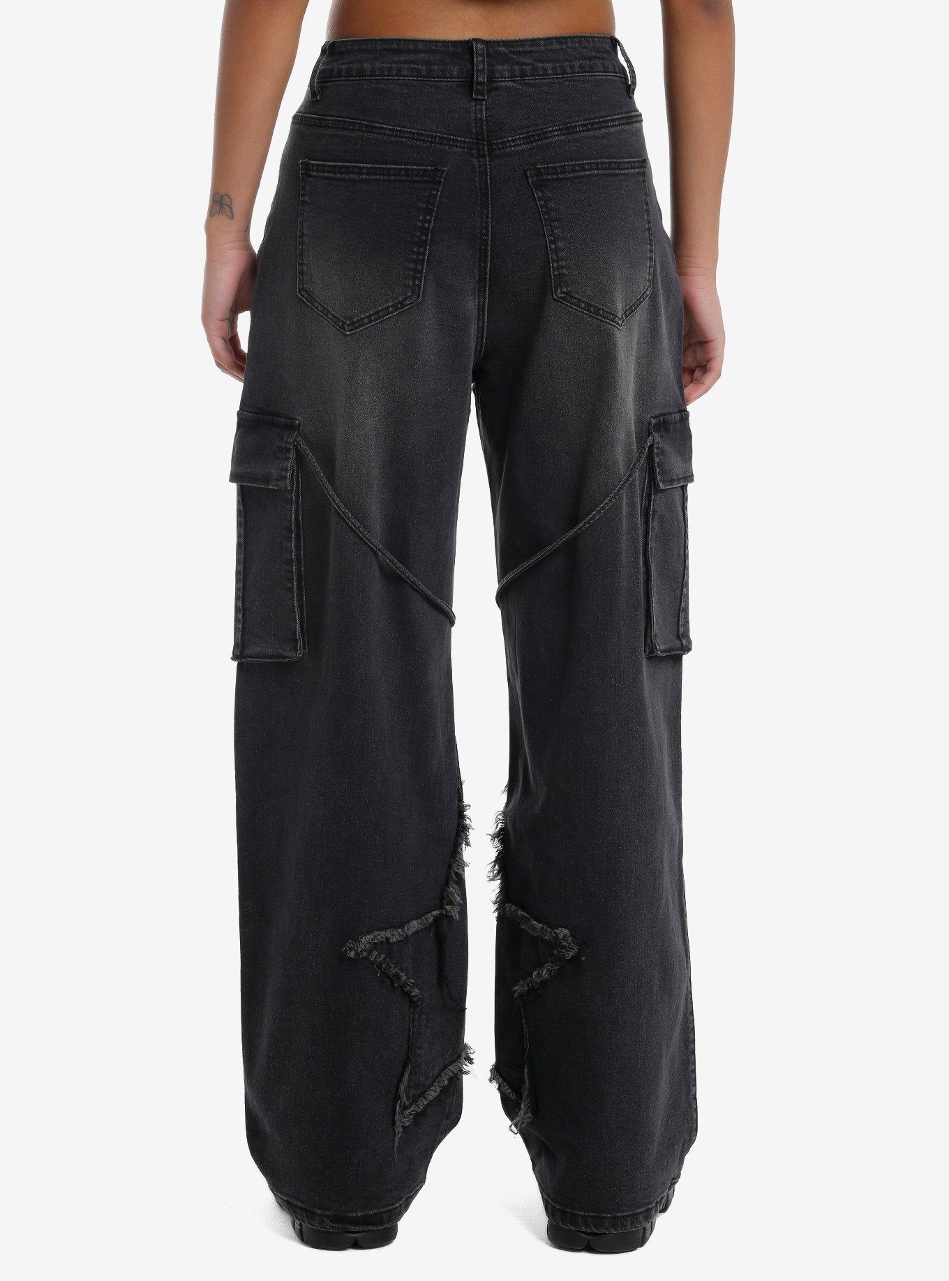 Black Star Raw Edge Tie Strap Cargo Jeans, BLACK, alternate
