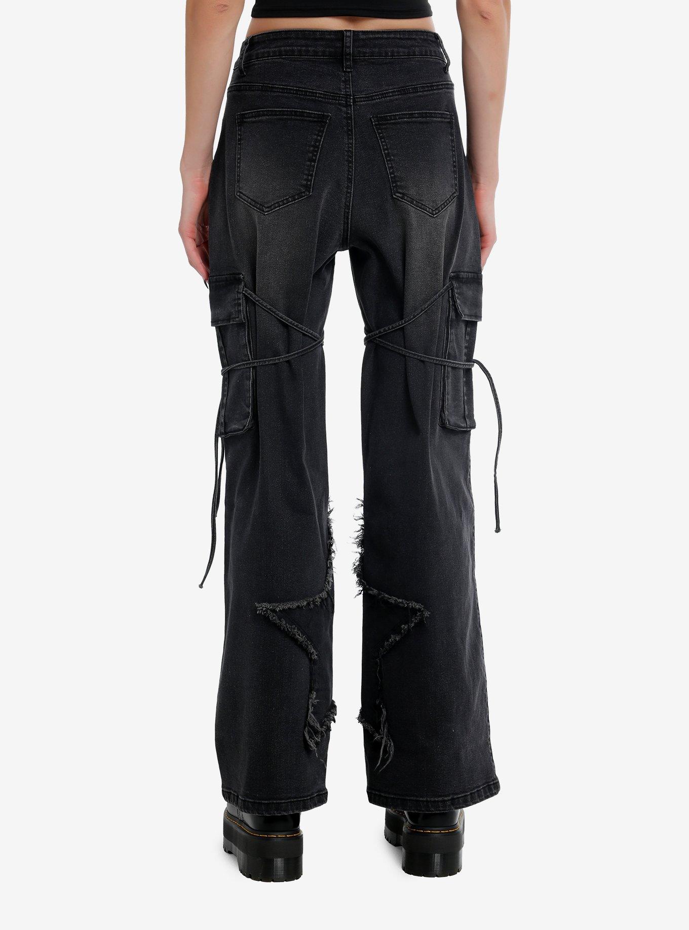 Black Star Raw Edge Tie Strap Cargo Jeans Extended Size, BLACK, alternate