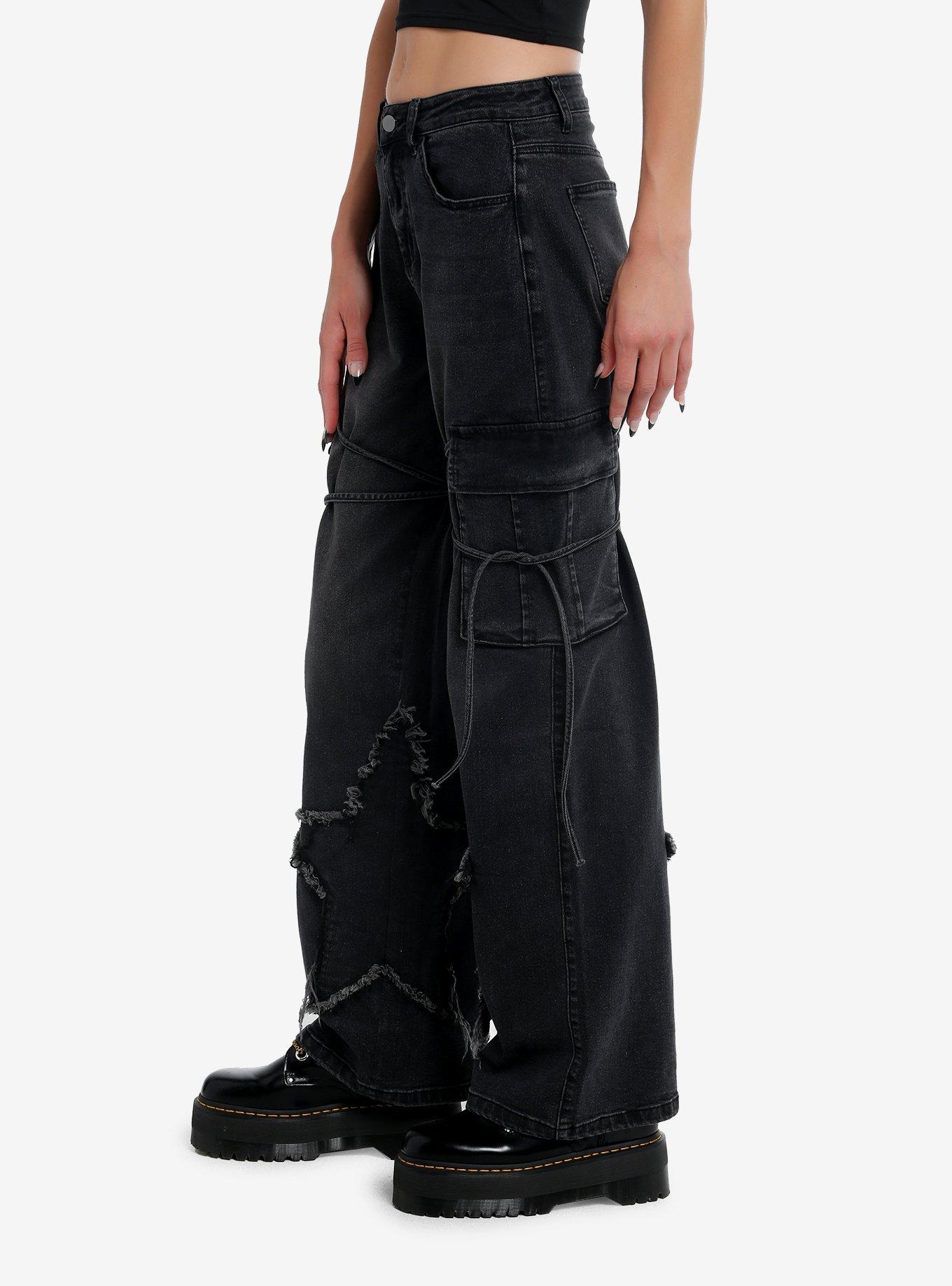 Black Star Raw Edge Tie Strap Cargo Jeans Extended Size, BLACK, alternate