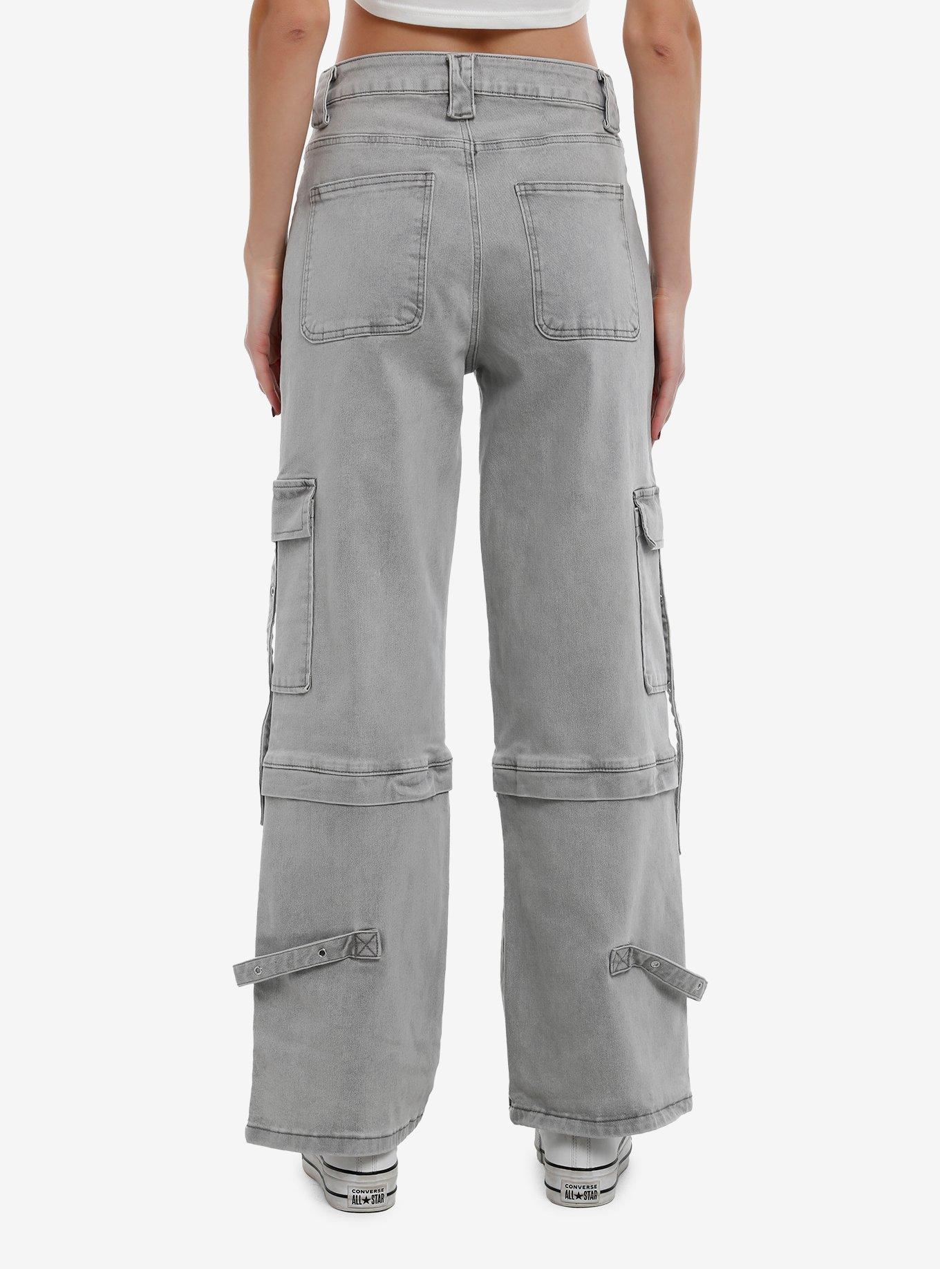 Grey Strappy Denim Cargo Pants, GREY, alternate