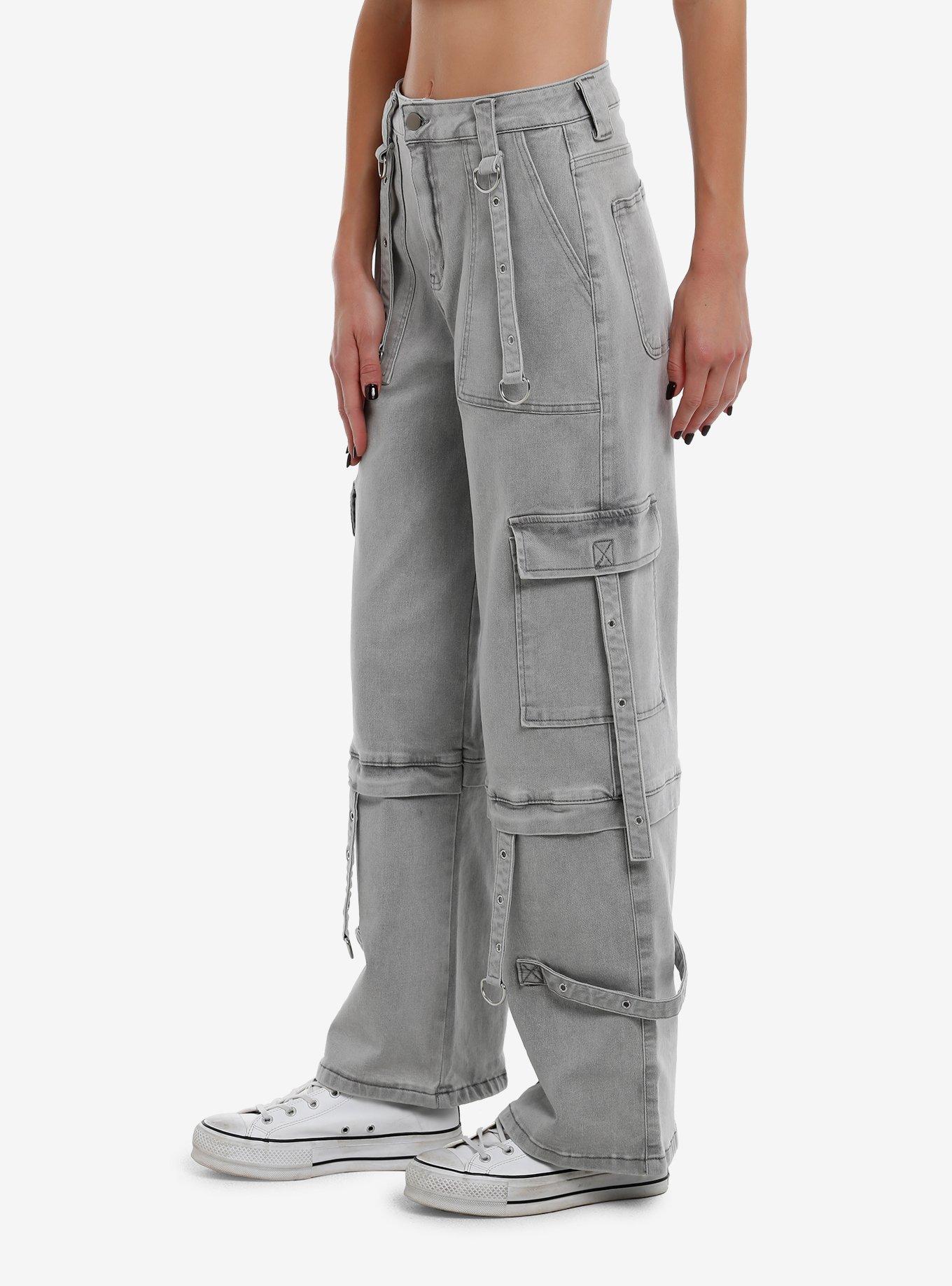 Grey Strappy Denim Cargo Pants