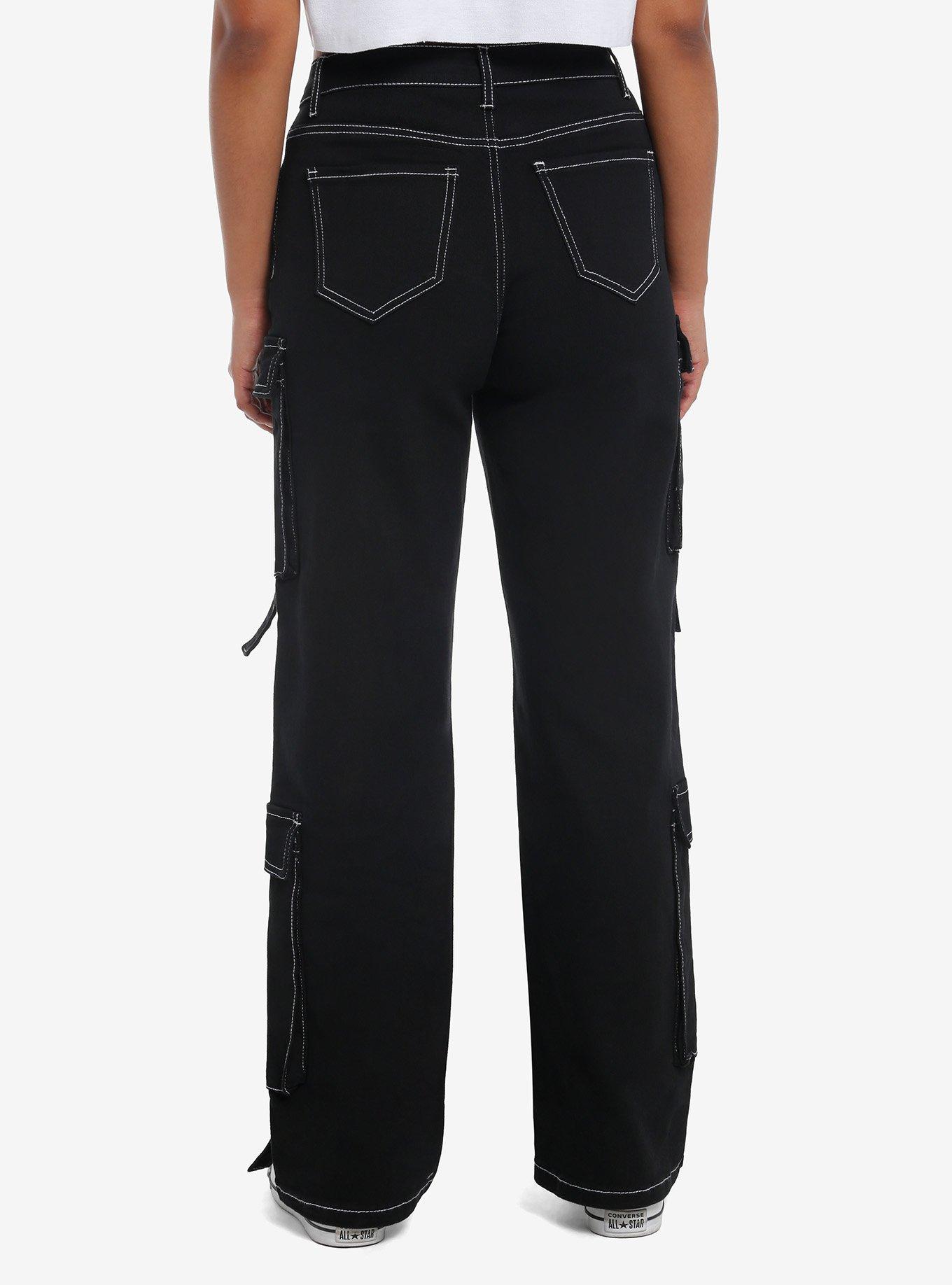 Black & White Contrast Stitch Buckle Strap Cargo Pants, , alternate