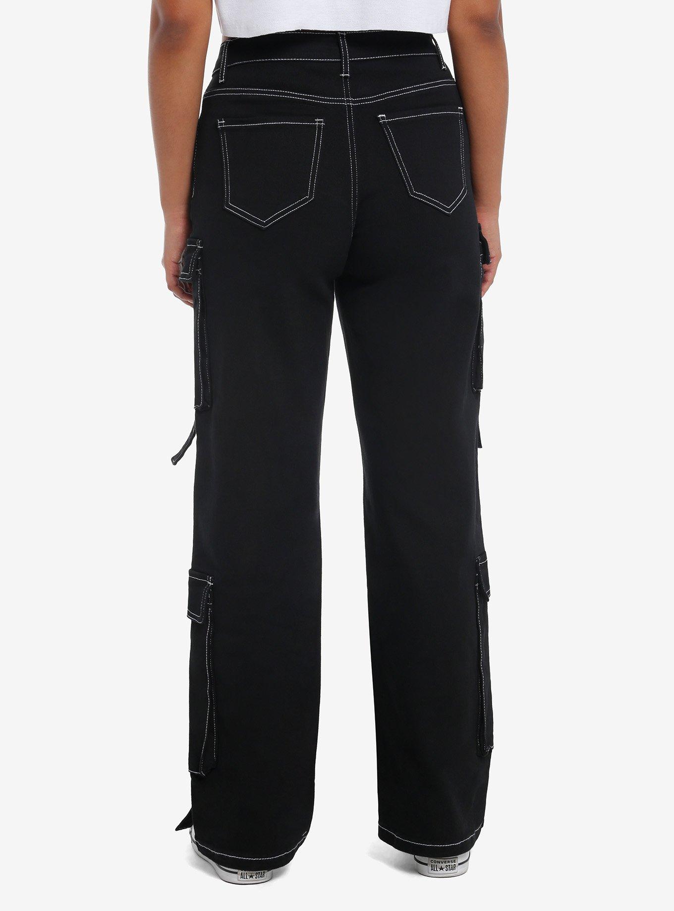 Black & White Contrast Stitch Buckle Strap Cargo Pants, , hi-res