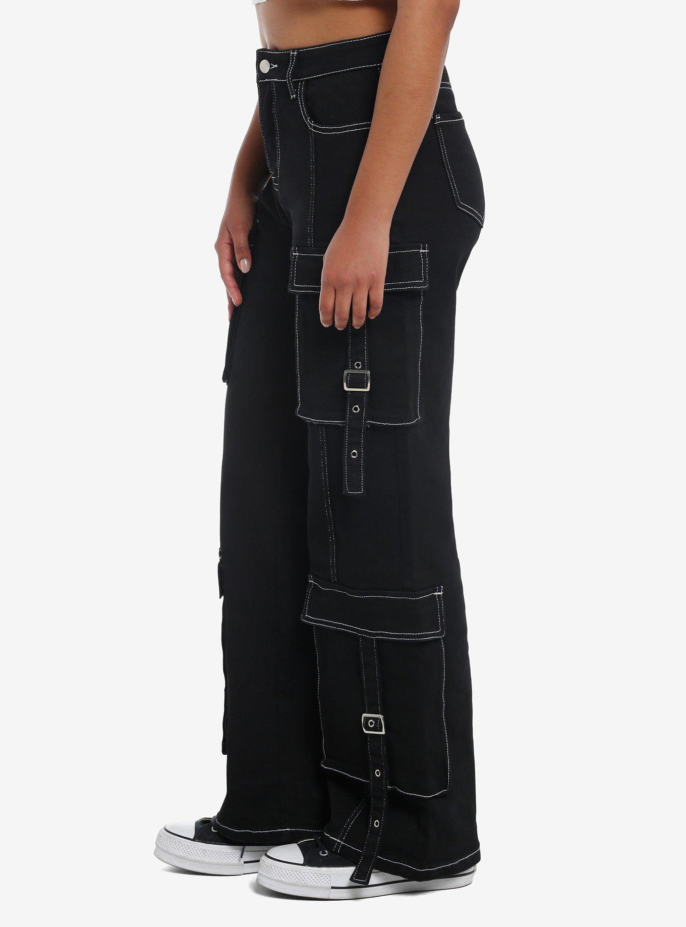 Black & White Contrast Stitch Buckle Strap Cargo Pants, , alternate