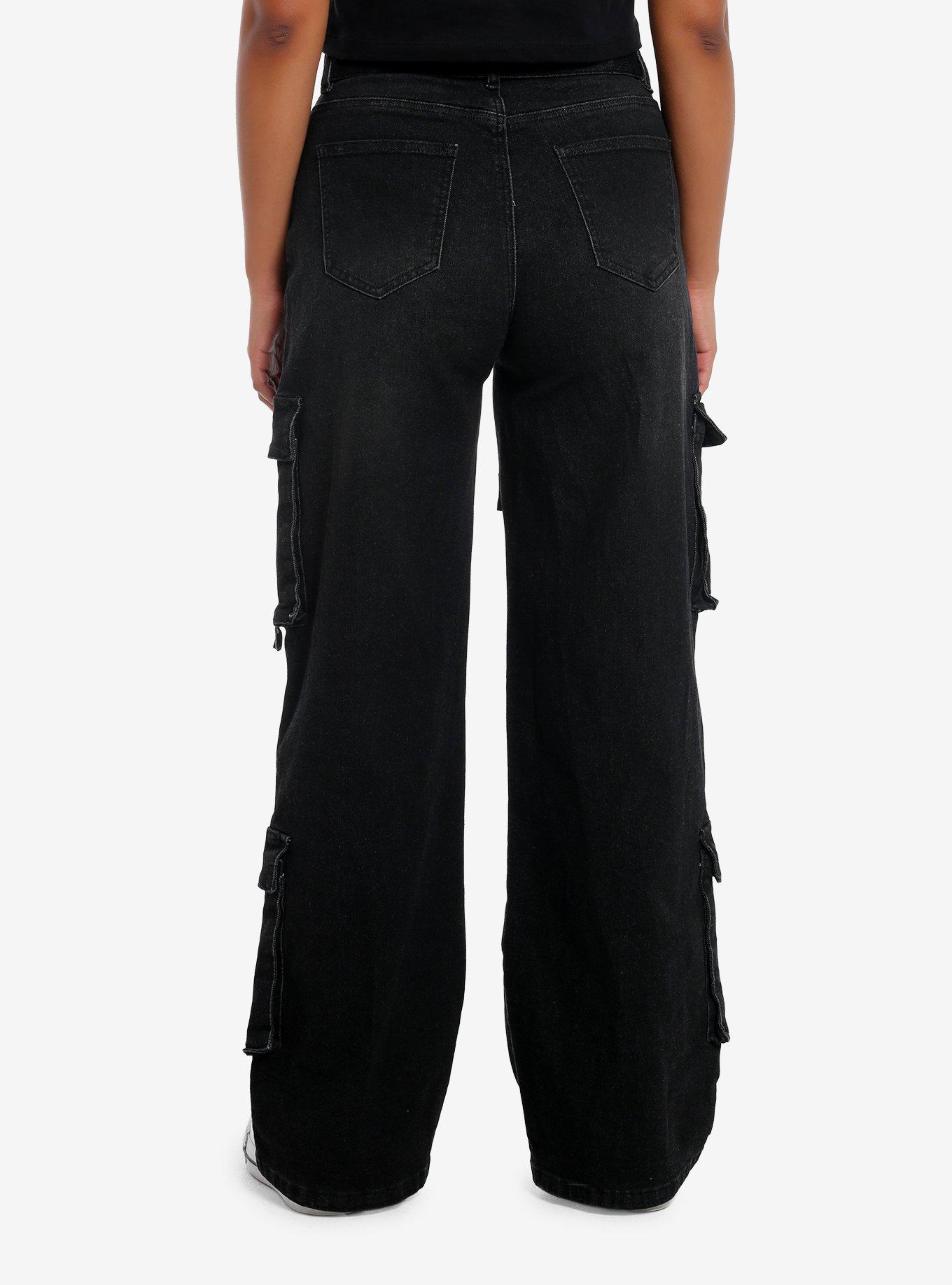 Black Grommet Belt Hardware Cargo Denim Pants, BLACK, alternate