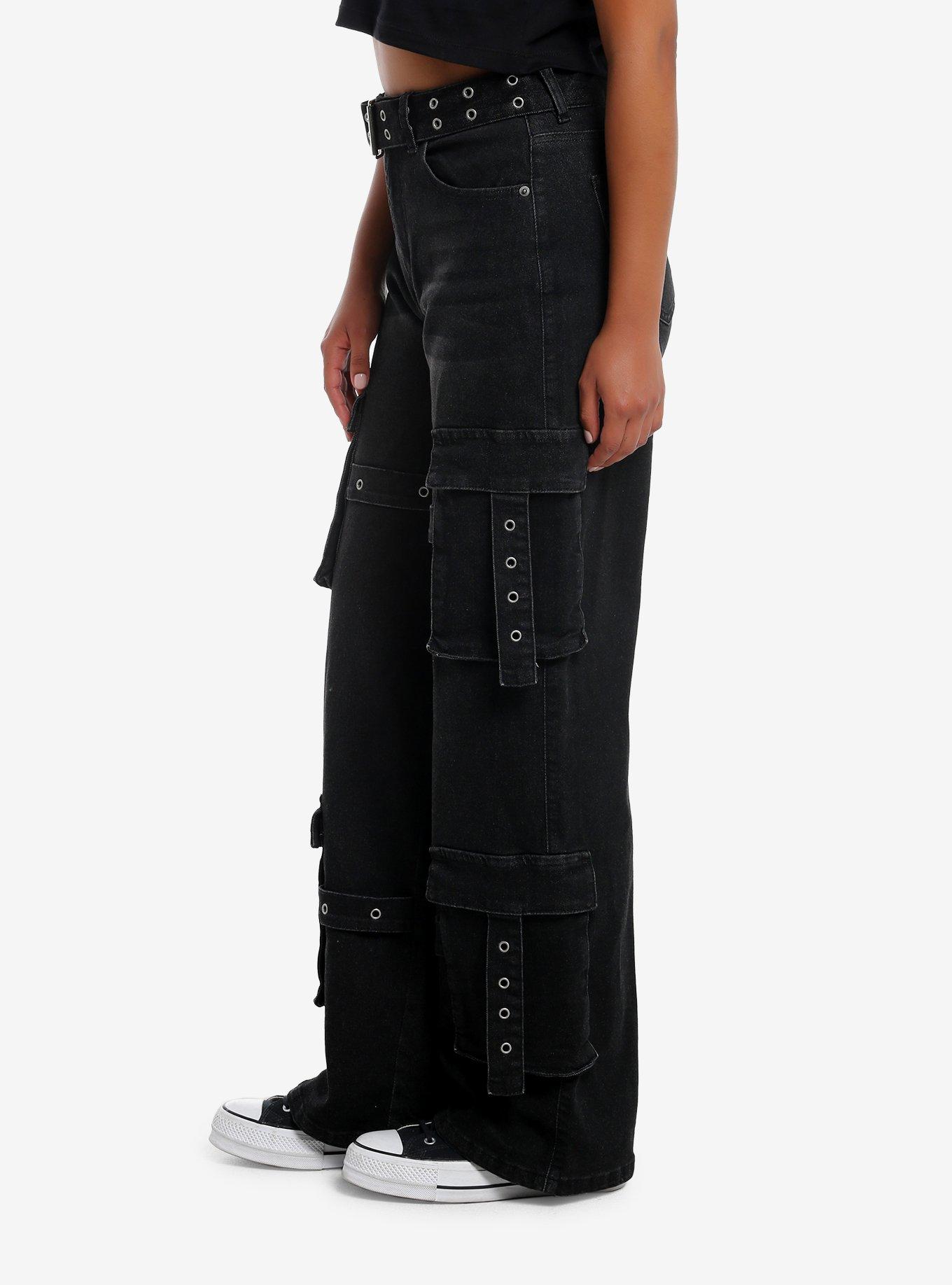 Black Grommet Belt Hardware Cargo Denim Pants, BLACK, alternate