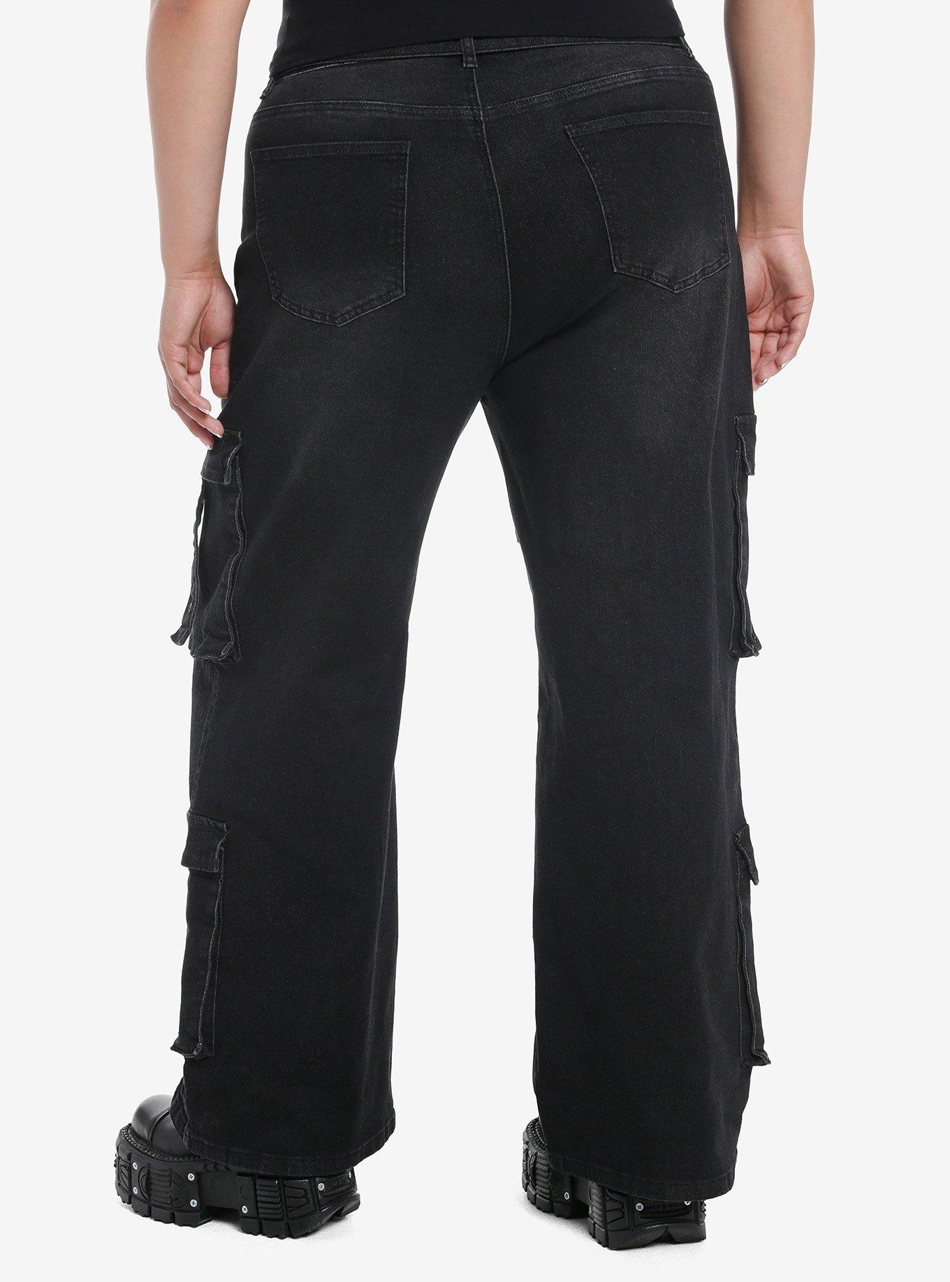 Black Grommet Belt Hardware Cargo Denim Pants Plus Size, BLACK, alternate