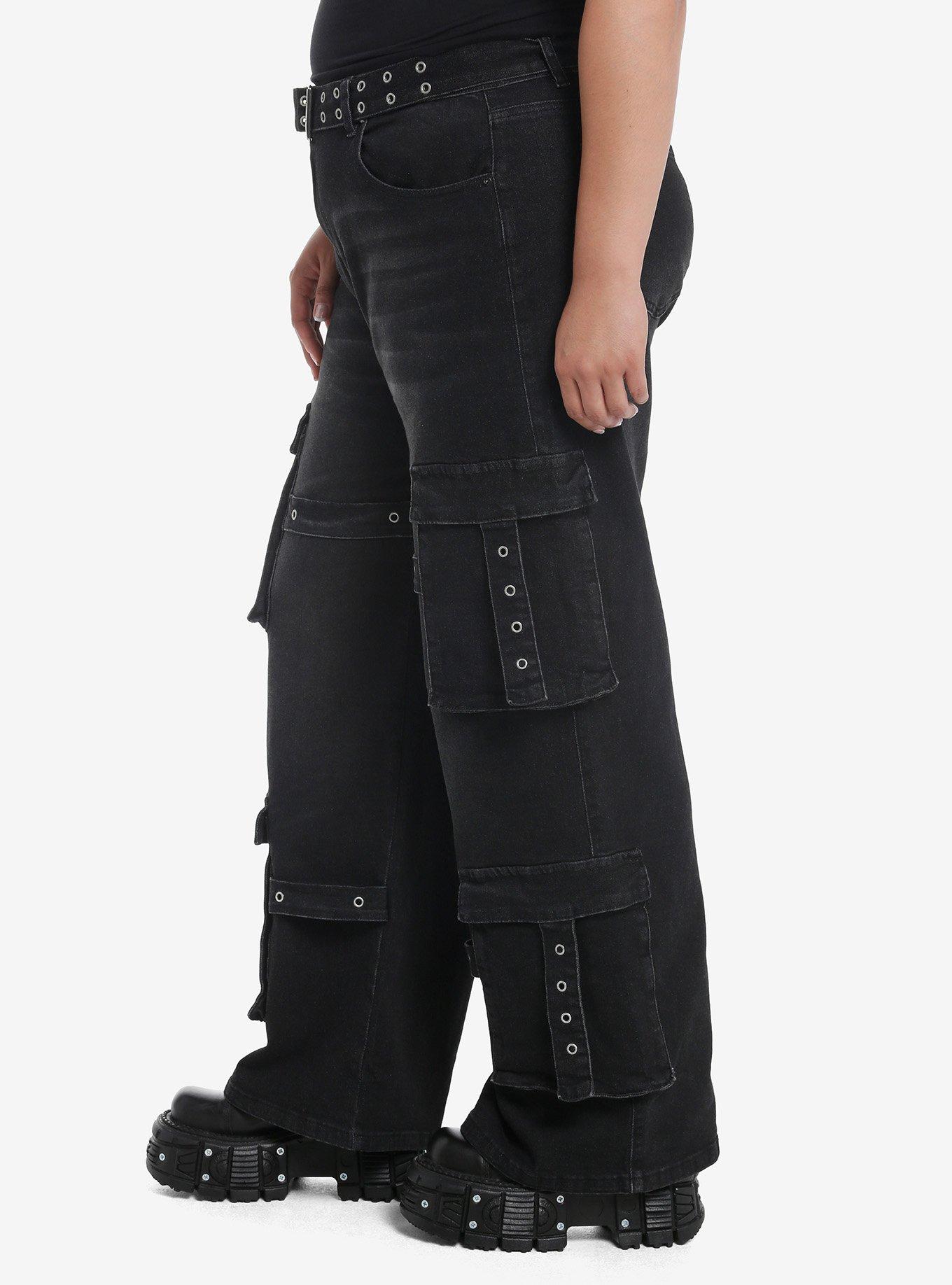 Black Grommet Belt Hardware Cargo Denim Pants Plus Size, BLACK, alternate