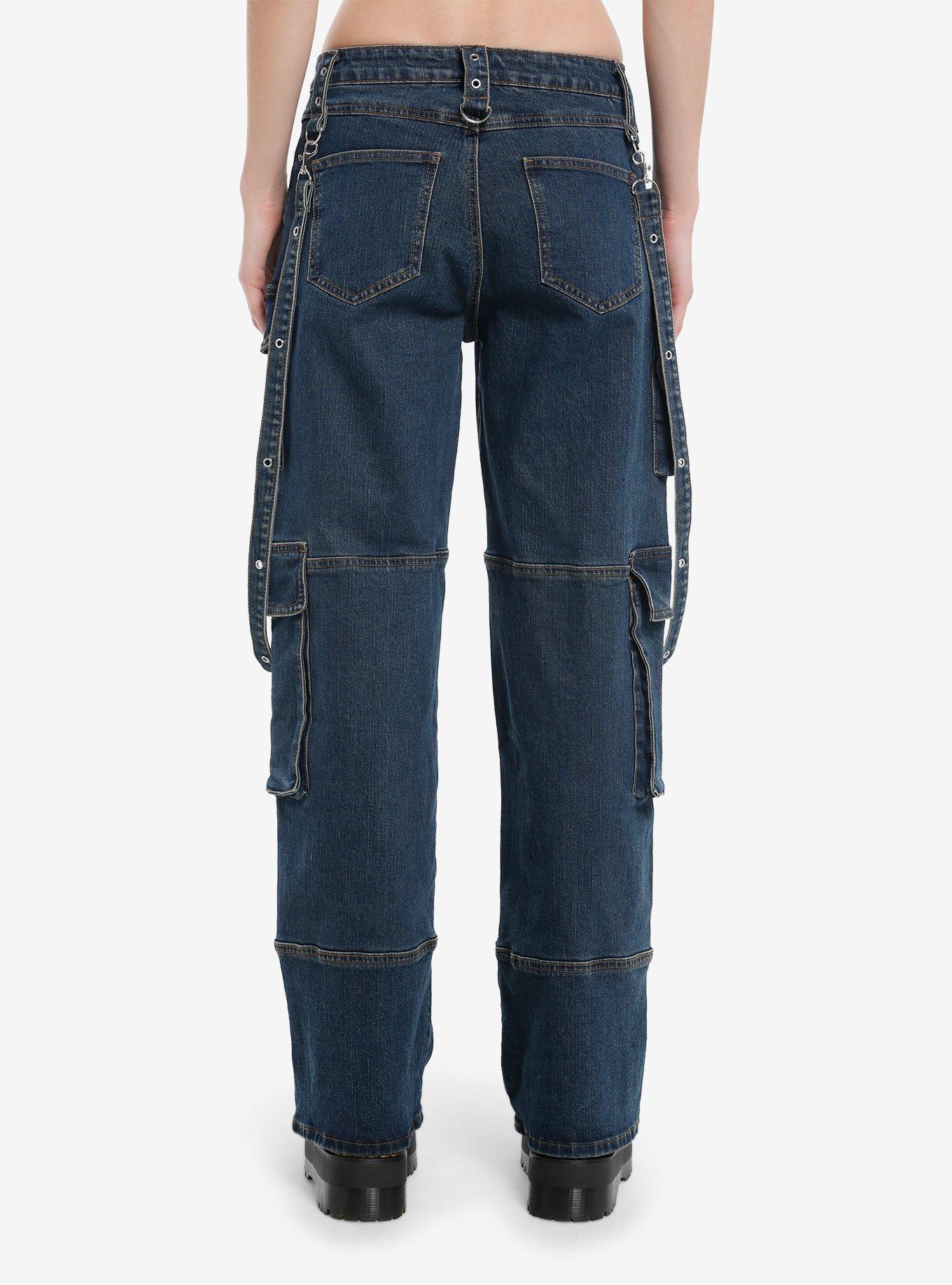 Dark Indigo Suspender Cargo Denim Carpenter Pants, BLUE, alternate