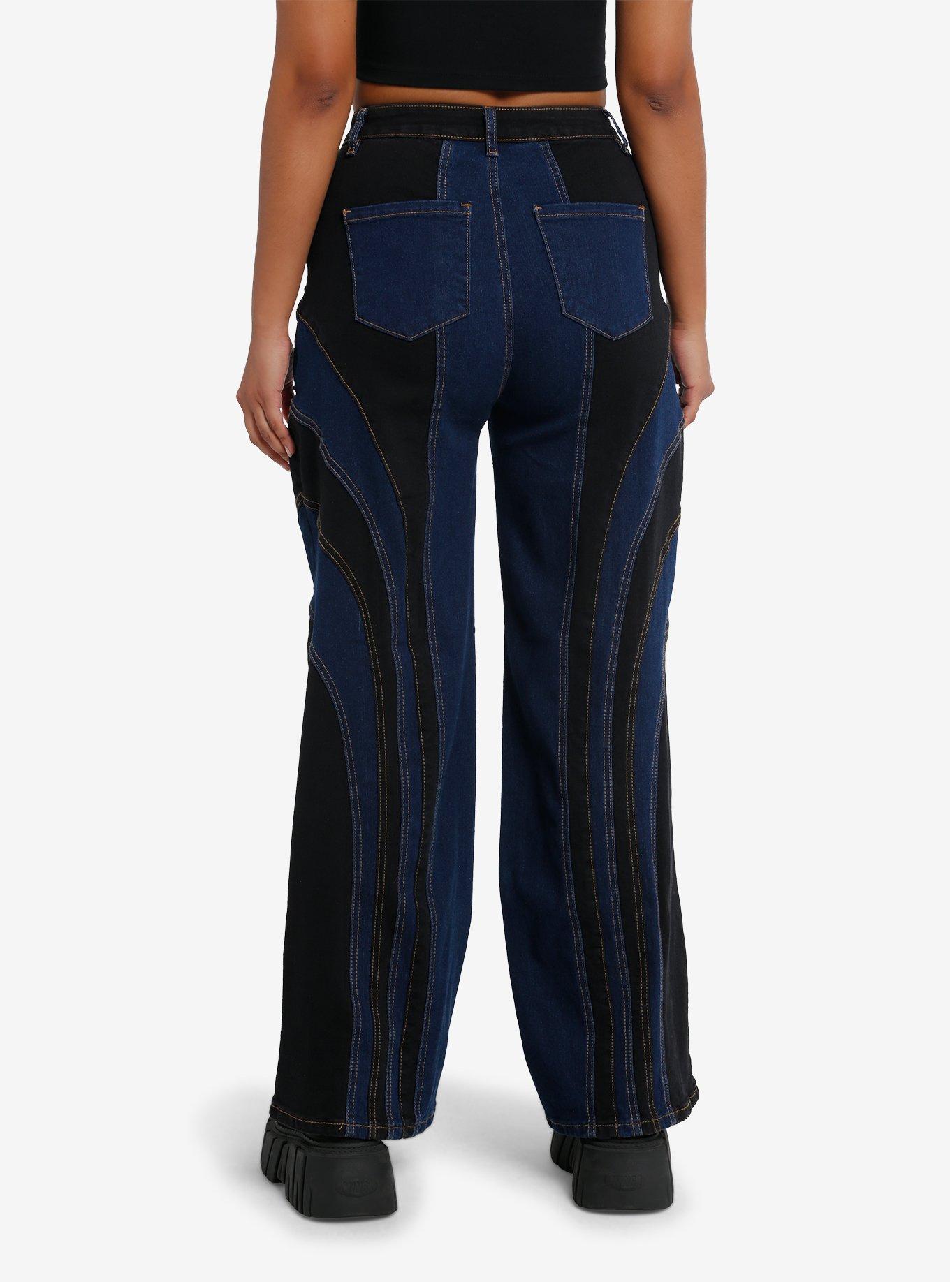 Black & Blue Paneled Girls Straight Leg Jeans, , hi-res