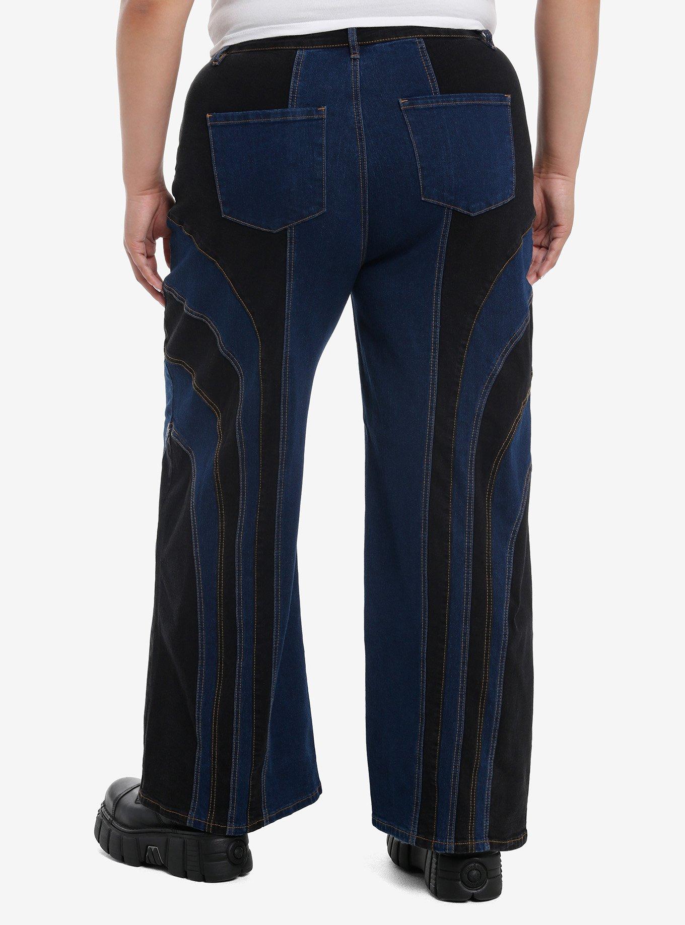 Black & Blue Paneled Girls Straight Leg Jeans Plus Size, BLUE, alternate