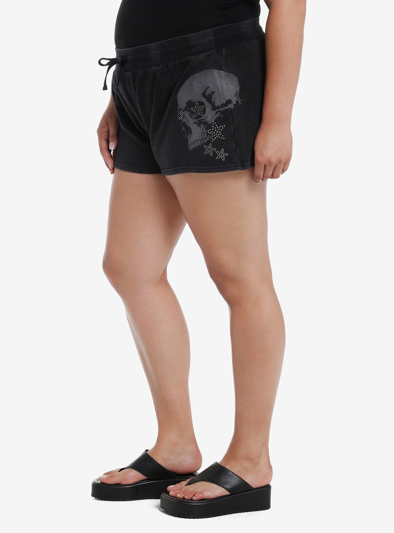 Skulls & Rhinestone Stars Girls Lounge Shorts Plus Size, BLACK, alternate