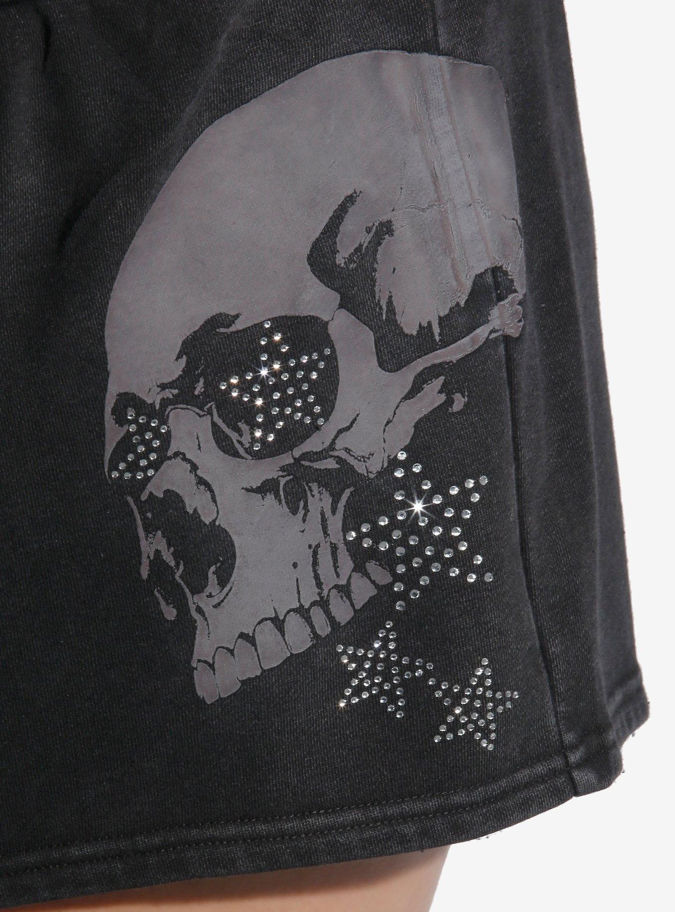 Skulls & Rhinestone Stars Girls Lounge Shorts Plus Size, BLACK, alternate