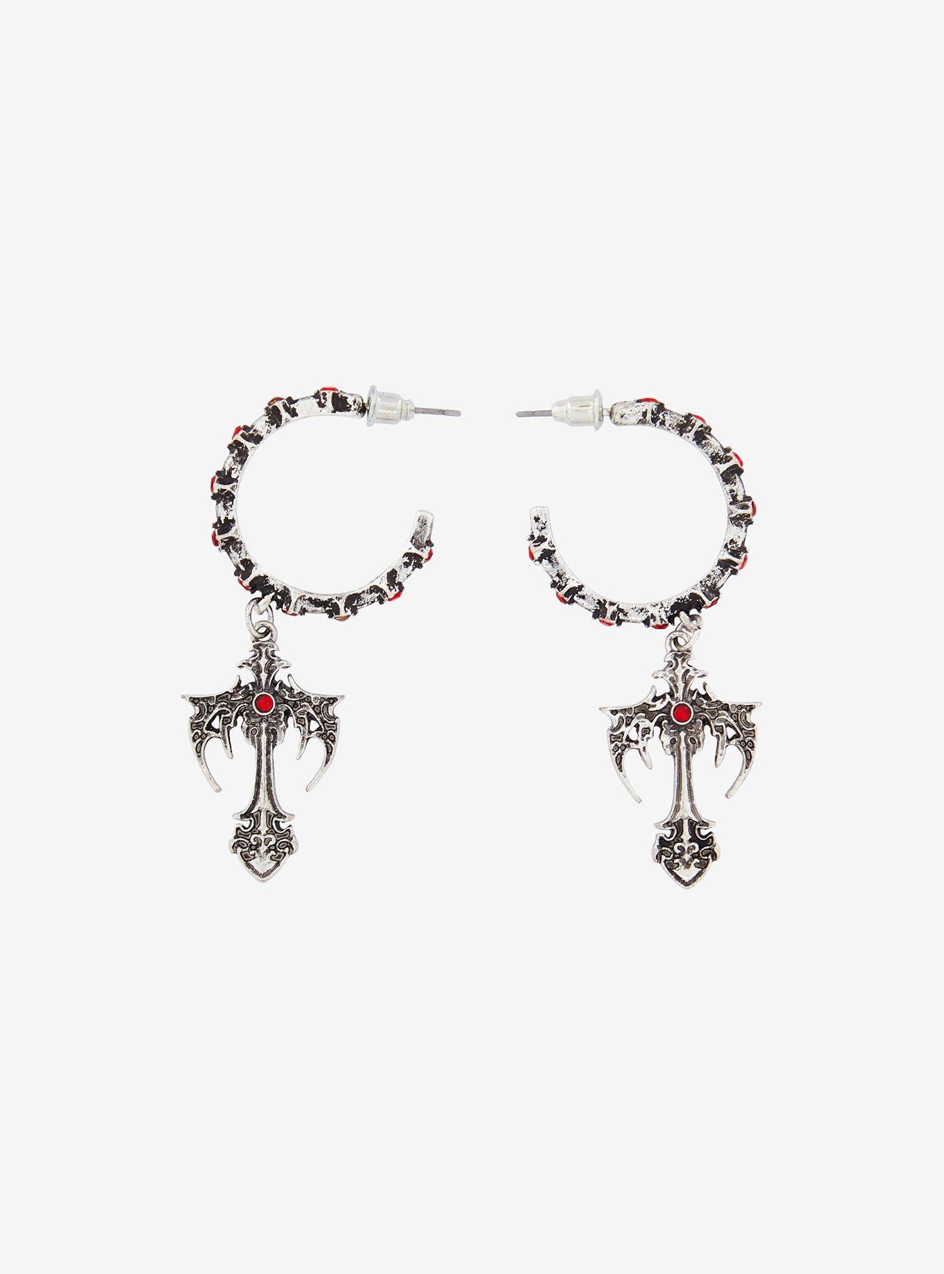 Social Collision Gothic Cross Red Gem Hoop Earrings, , hi-res