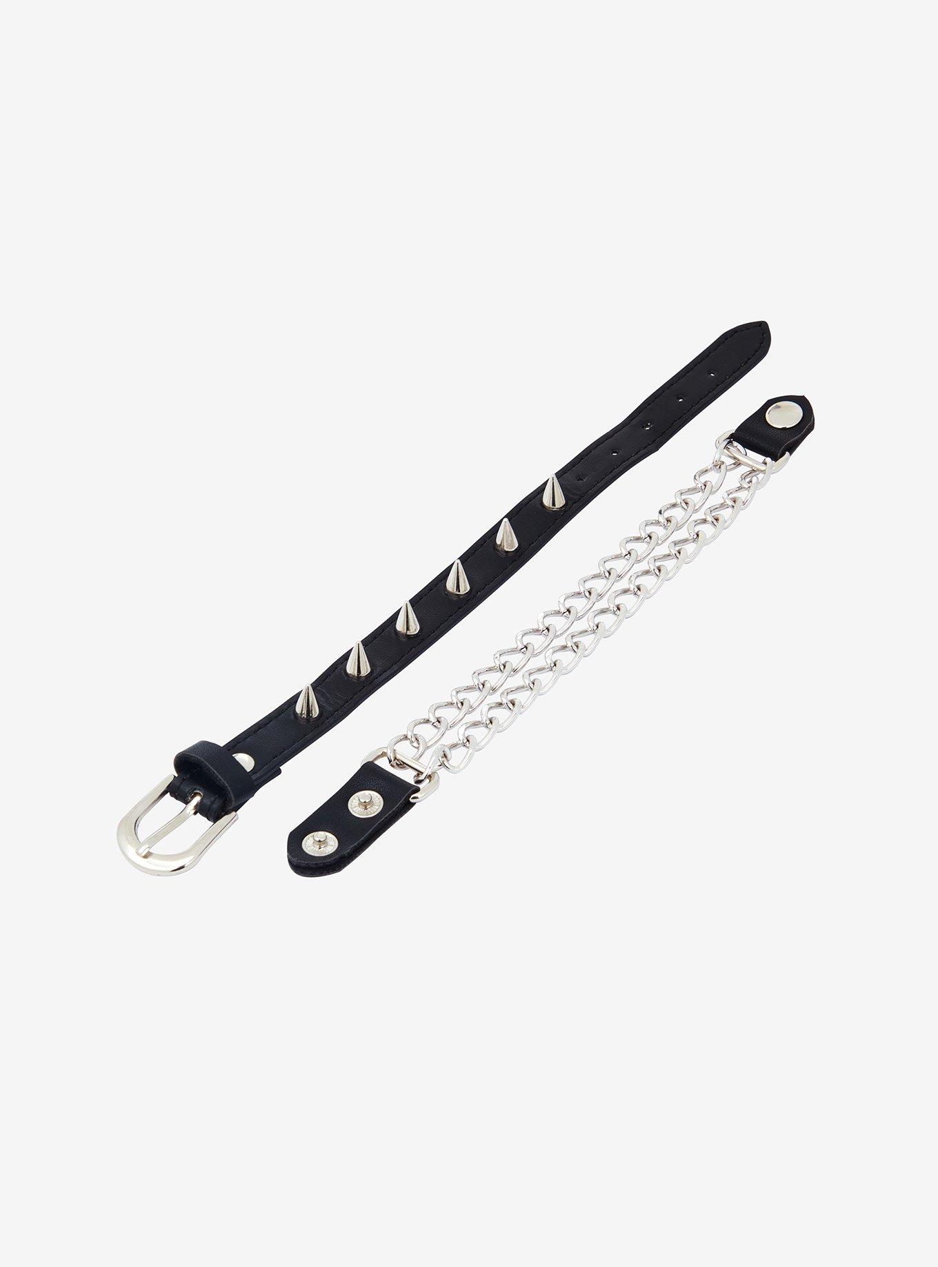 Social Collision Spike Faux Leather Chain Bracelet Set, , alternate