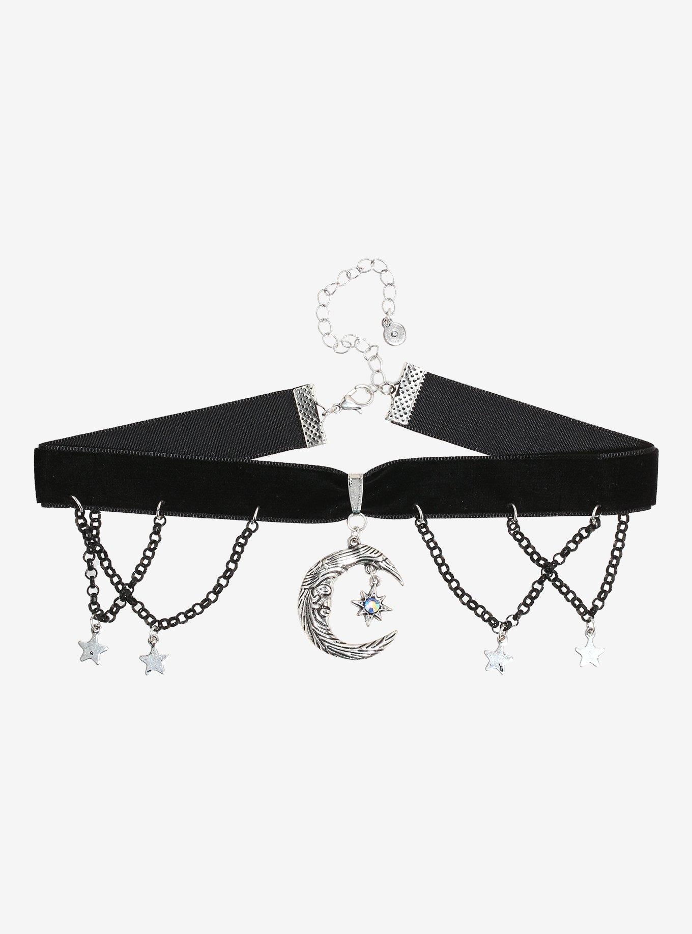 Cosmic Aura Crescent Moon Star Chain Velvet Choker, , alternate