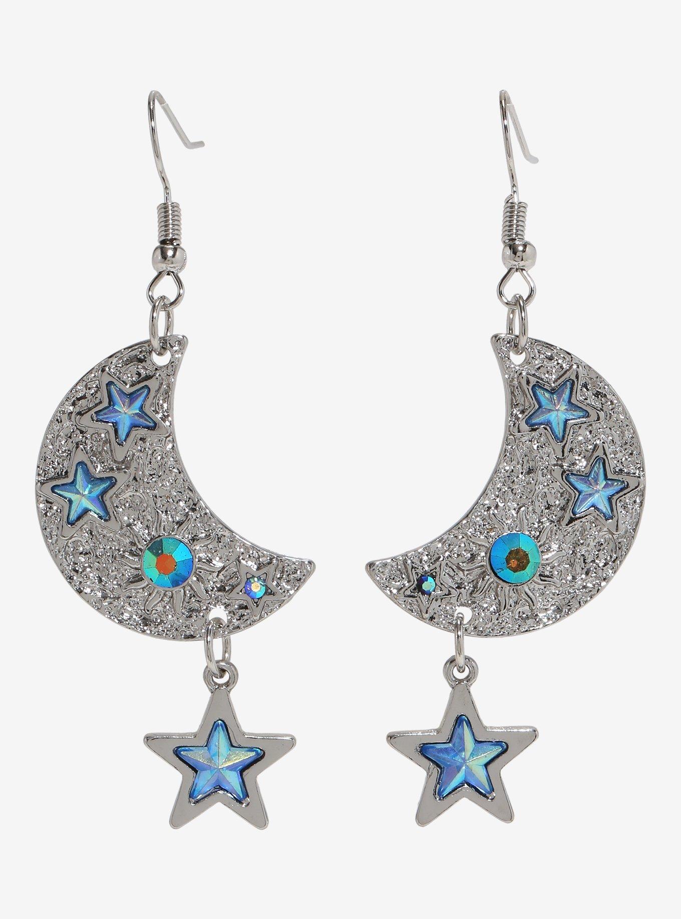 Cosmic Aura Moon Blue Gem Earrings, , hi-res