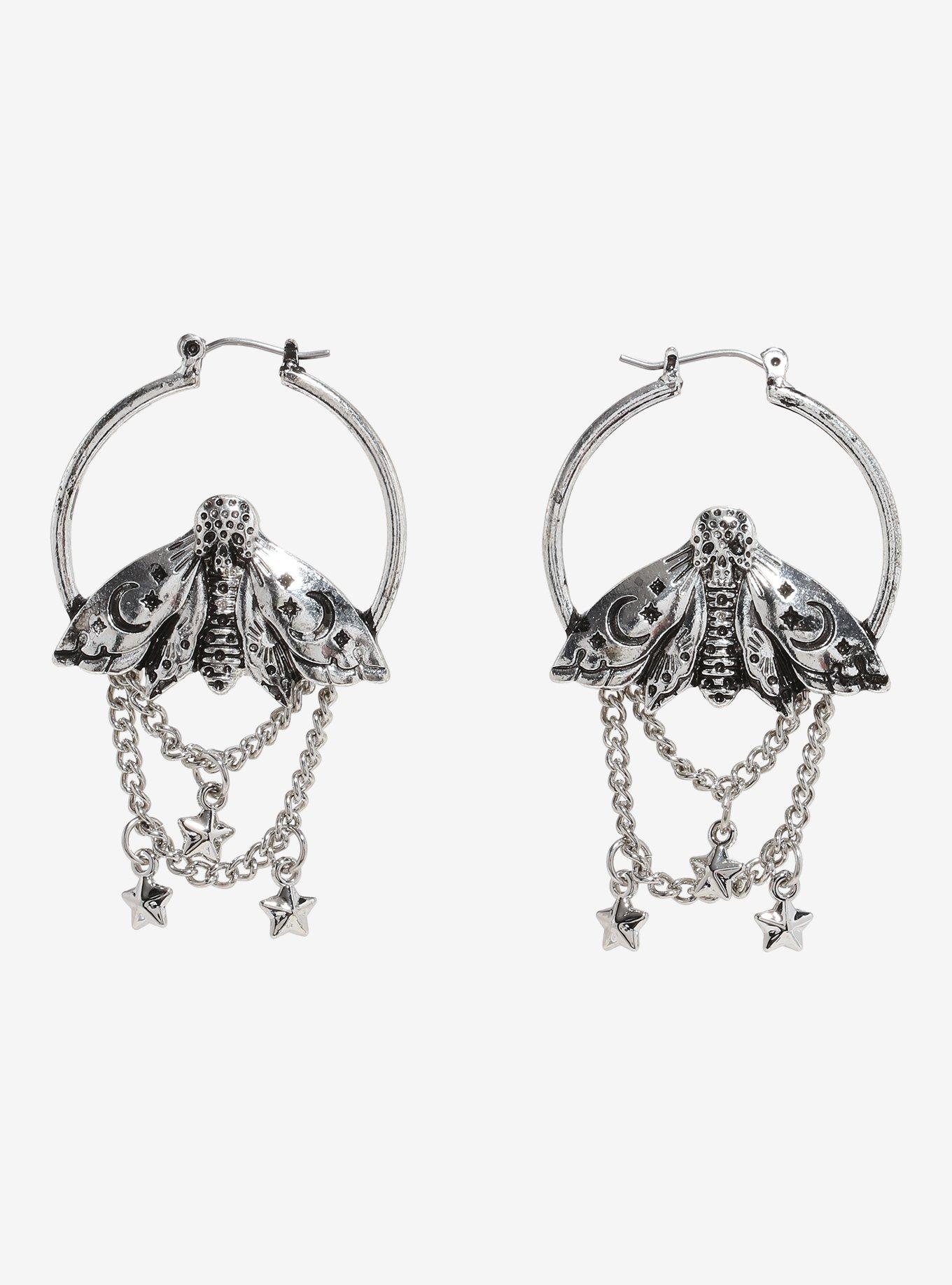 Cosmic Aura Moth Star Chain Hoop Earrings, , hi-res