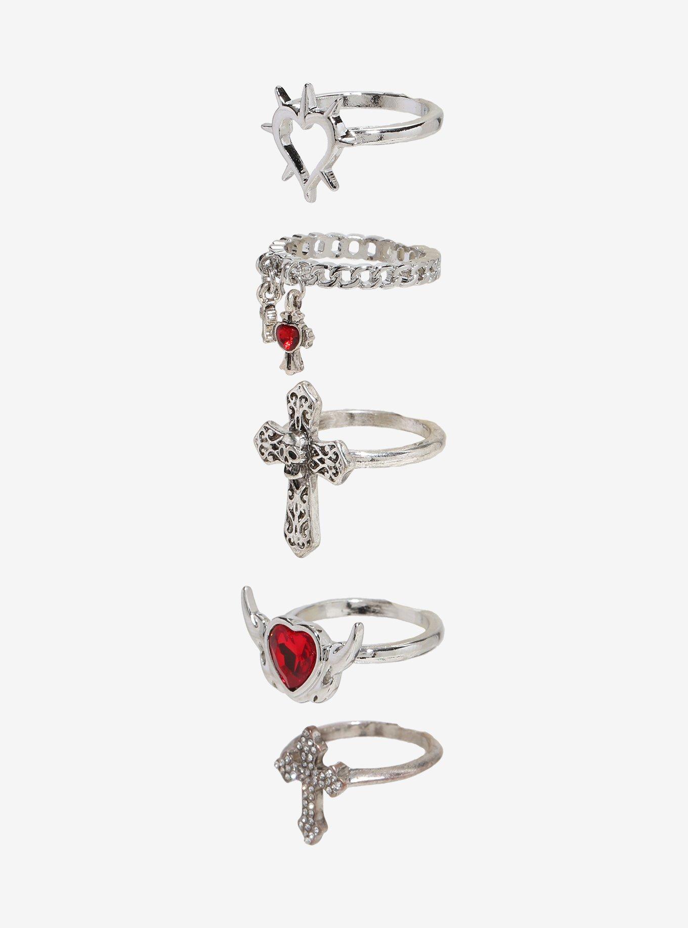 Social Collision Red Gem Skull Heart Ring Set, , alternate