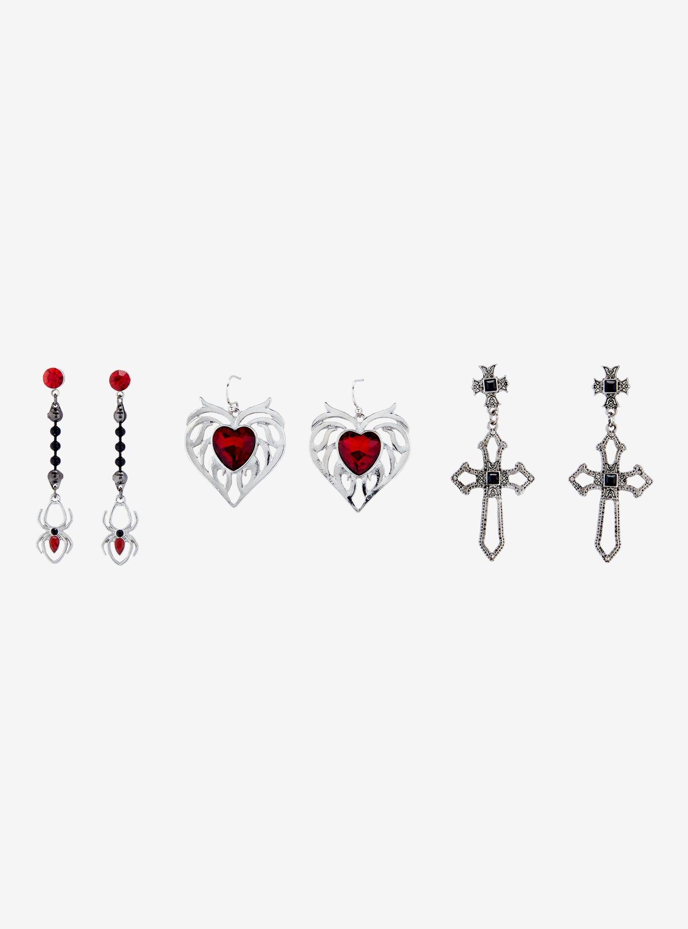 Social Collision Flame Heart Spider Cross Drop Earring Set, , hi-res