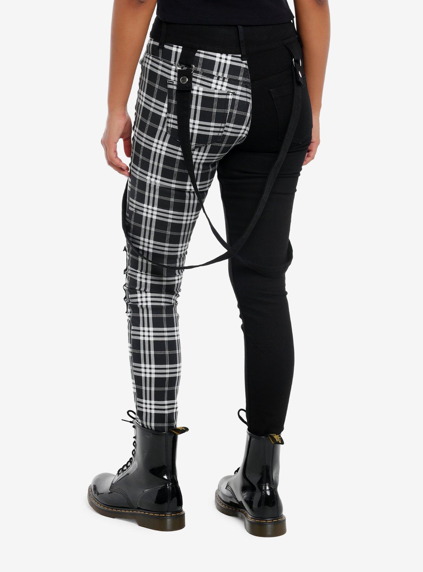 Black & White Plaid Split Suspender Hi-Rise Skinny Jeans, , hi-res