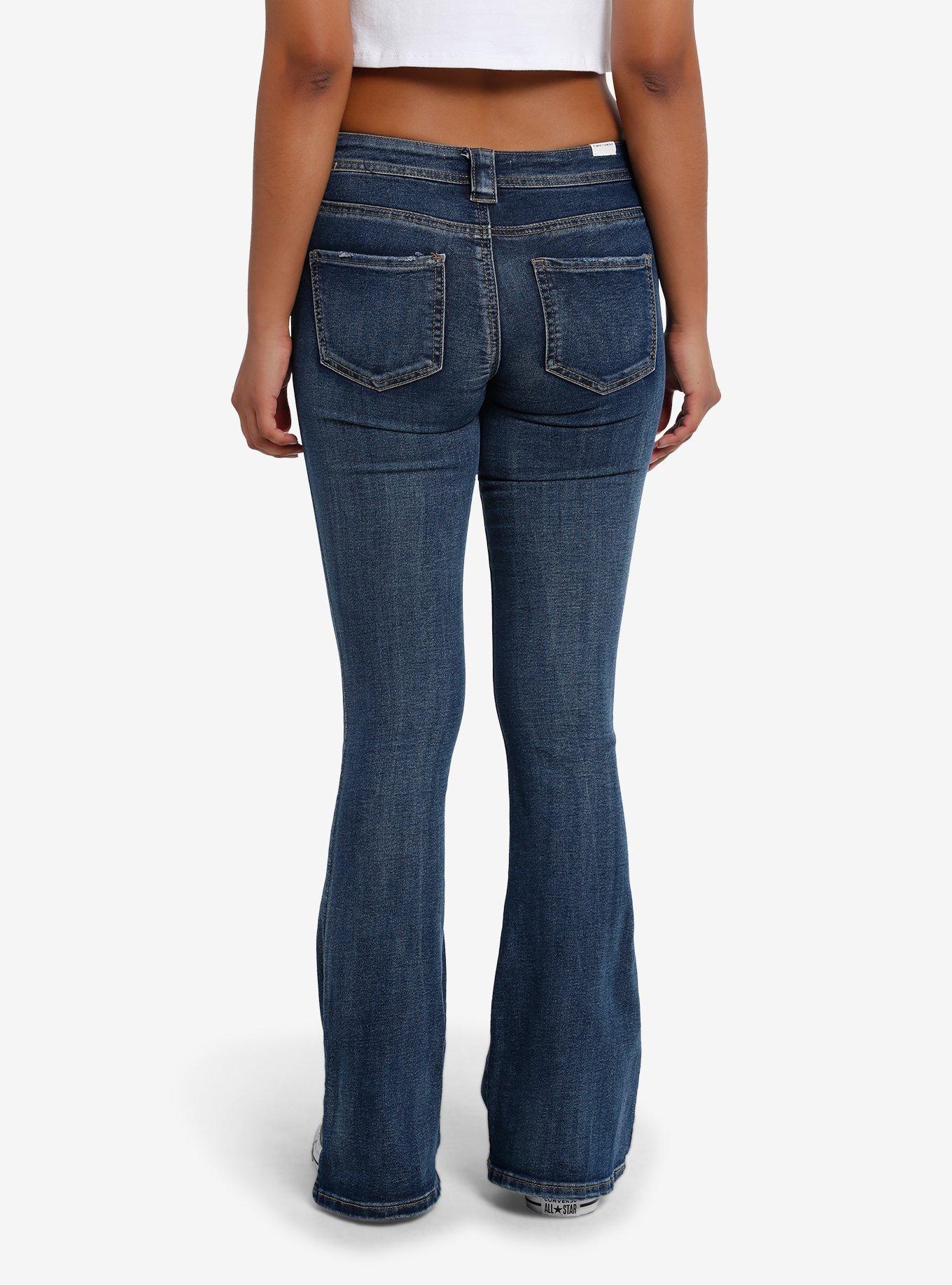 Indigo Front Pocket Low-Rise Girls Flare Jeans, , hi-res