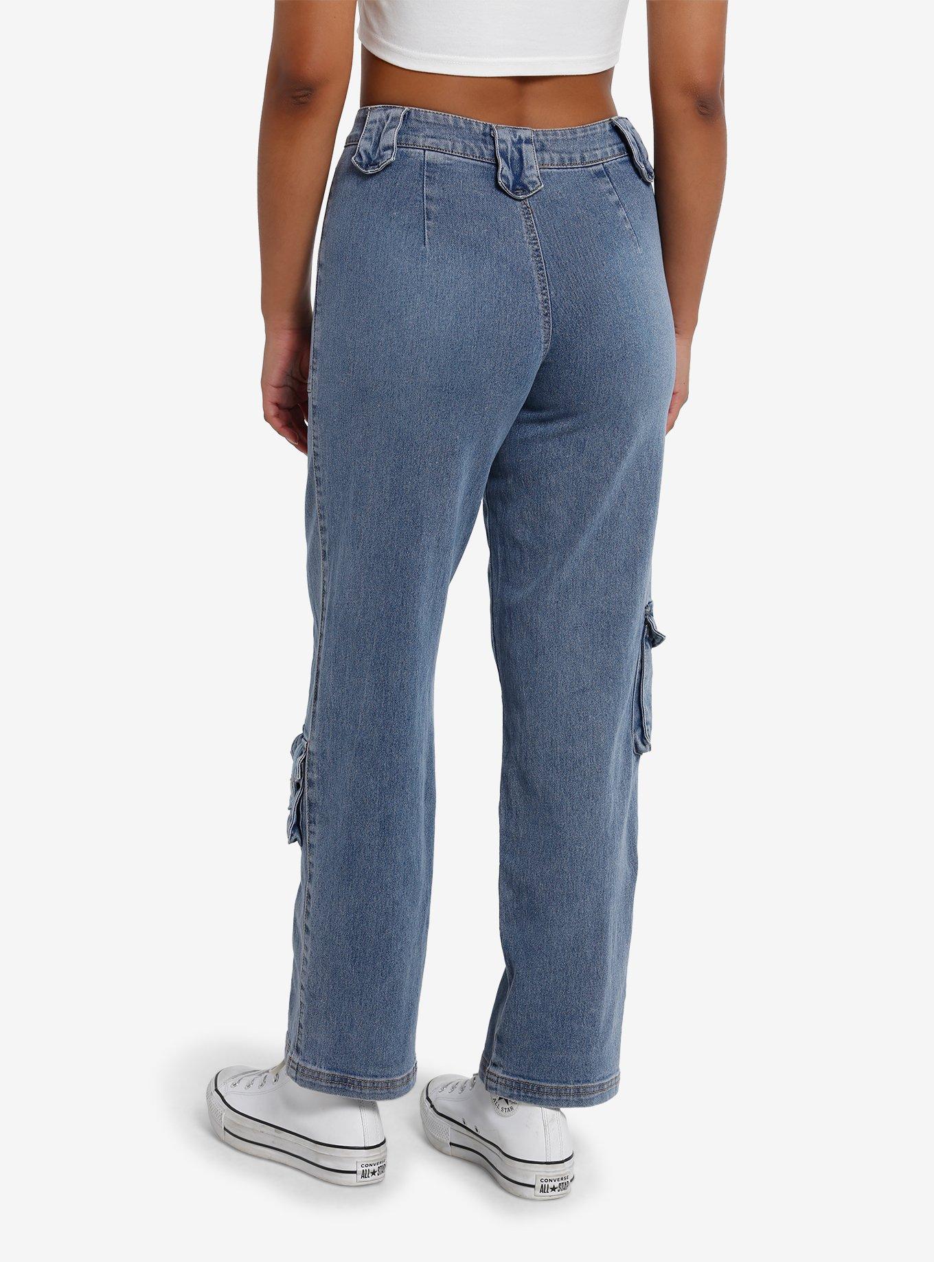 Light Indigo Cargo Girls Straight Leg Jeans, , hi-res