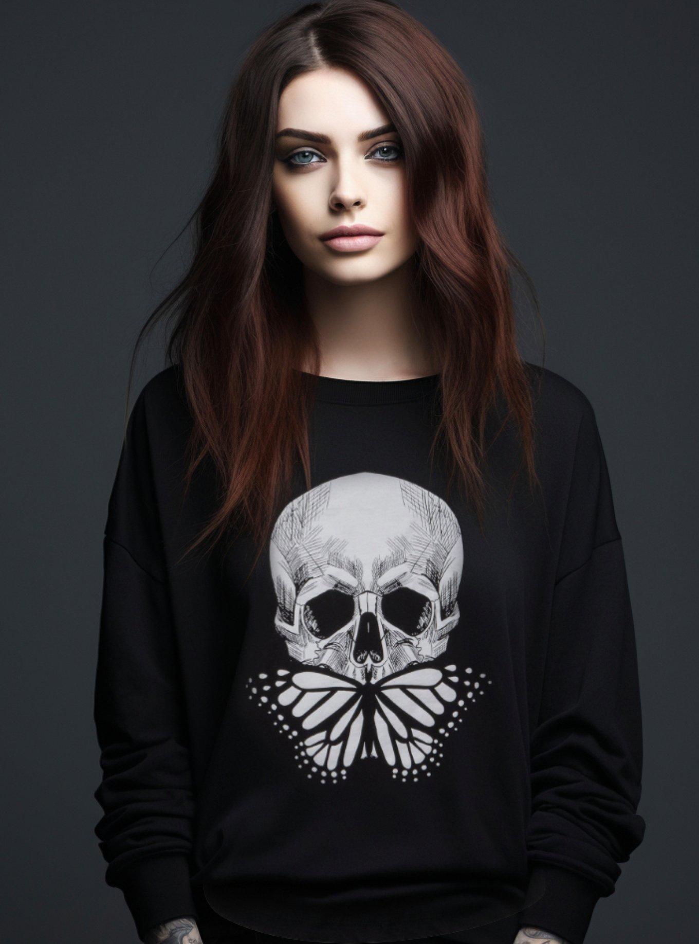 Butterfly Skull Skeleton Goth Sweater, BLACK, alternate