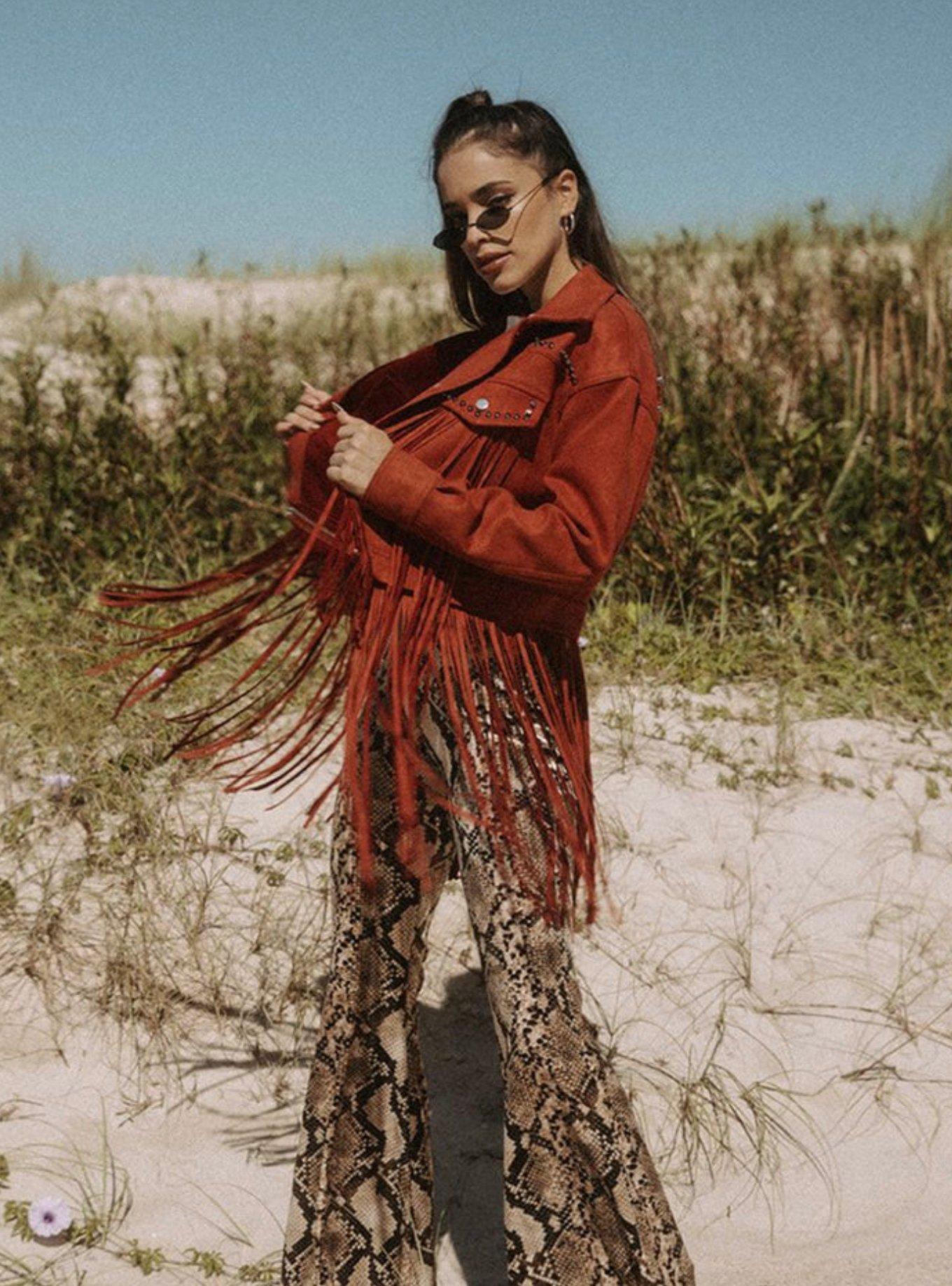 Festival Ready Red Fringe Jacket with Studs, , hi-res