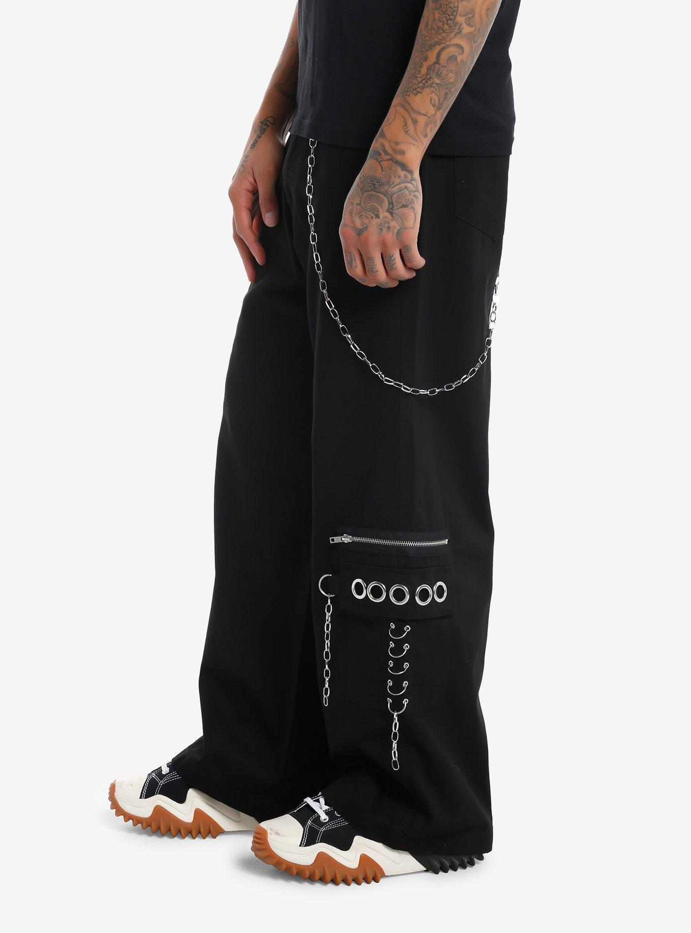 Social Collision Chain & Grommet Black Wide Leg Pants, BLACK, alternate